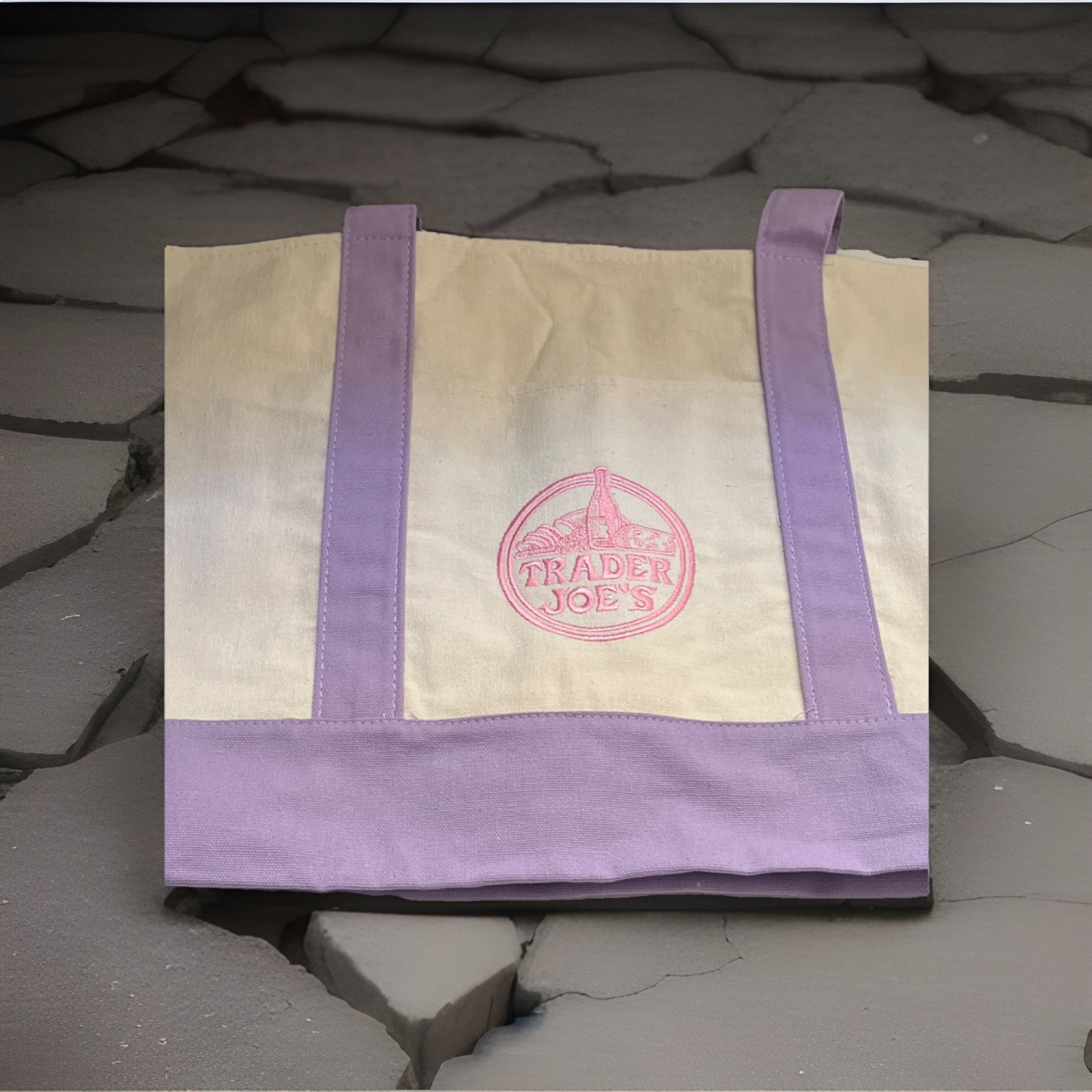 Trader Joe’s Foldable Reusable Tote Bag Beige Purple Solid Plain