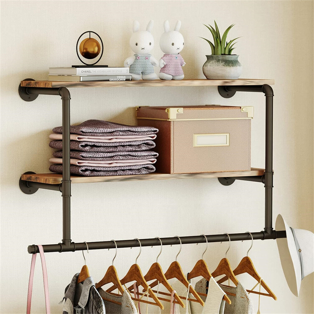 Clothes Rack with 2 tiers Top Shelves Industrial Pipe Wall Mounted Garment Racks