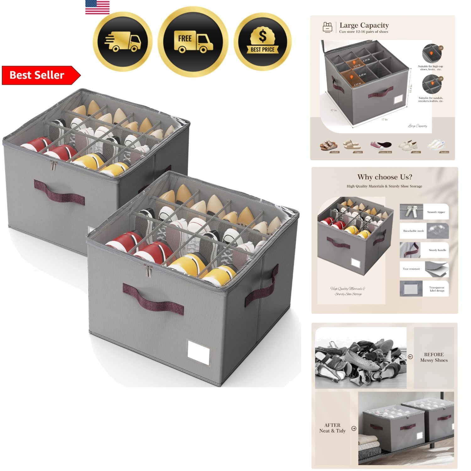 Shoe Organizer Closet Storage 2 Pack Foldable Shoe Box with Handles
