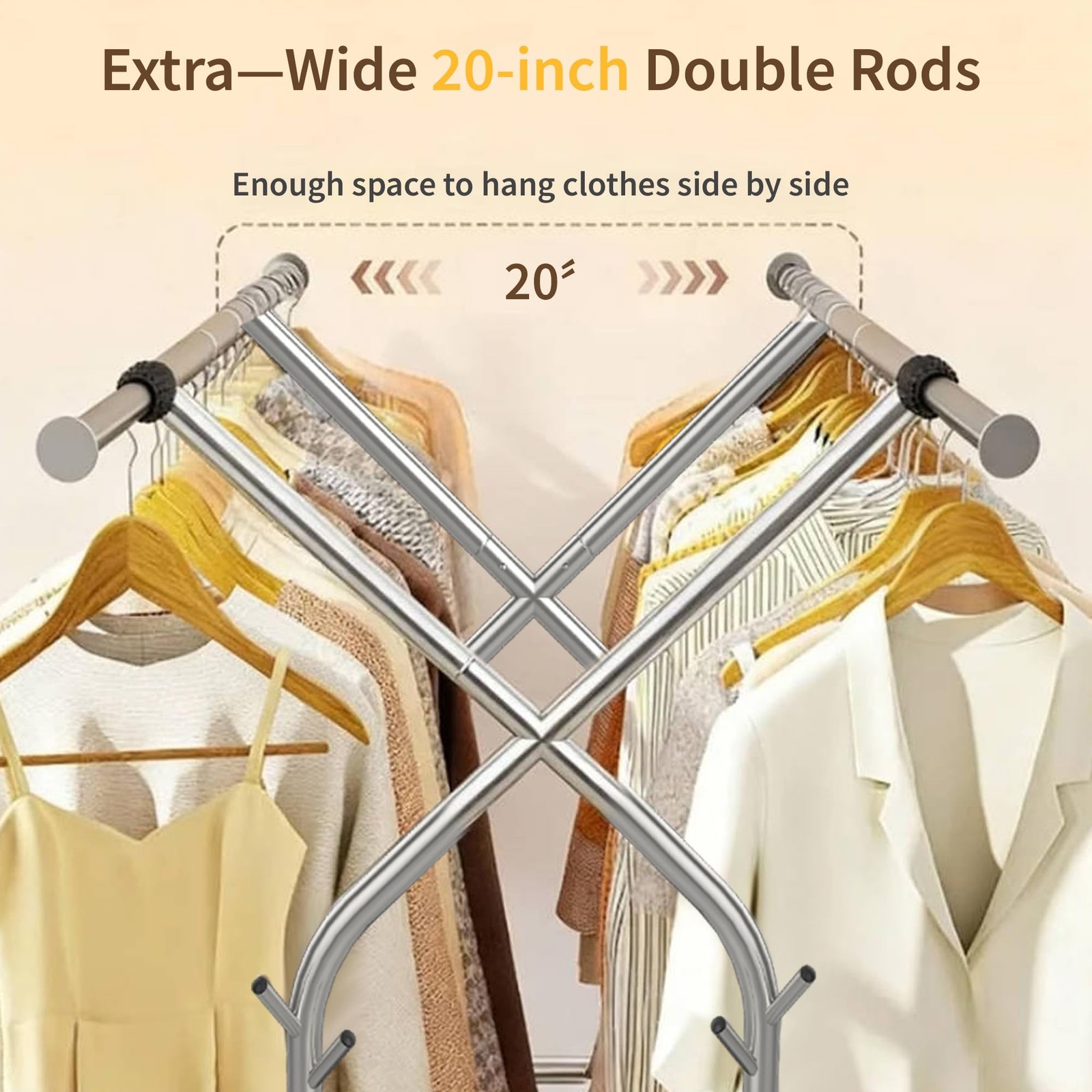 Heavy Duty Clothes Rack,Double Rods Clothing Rack for Hanging Clothes,Rolling