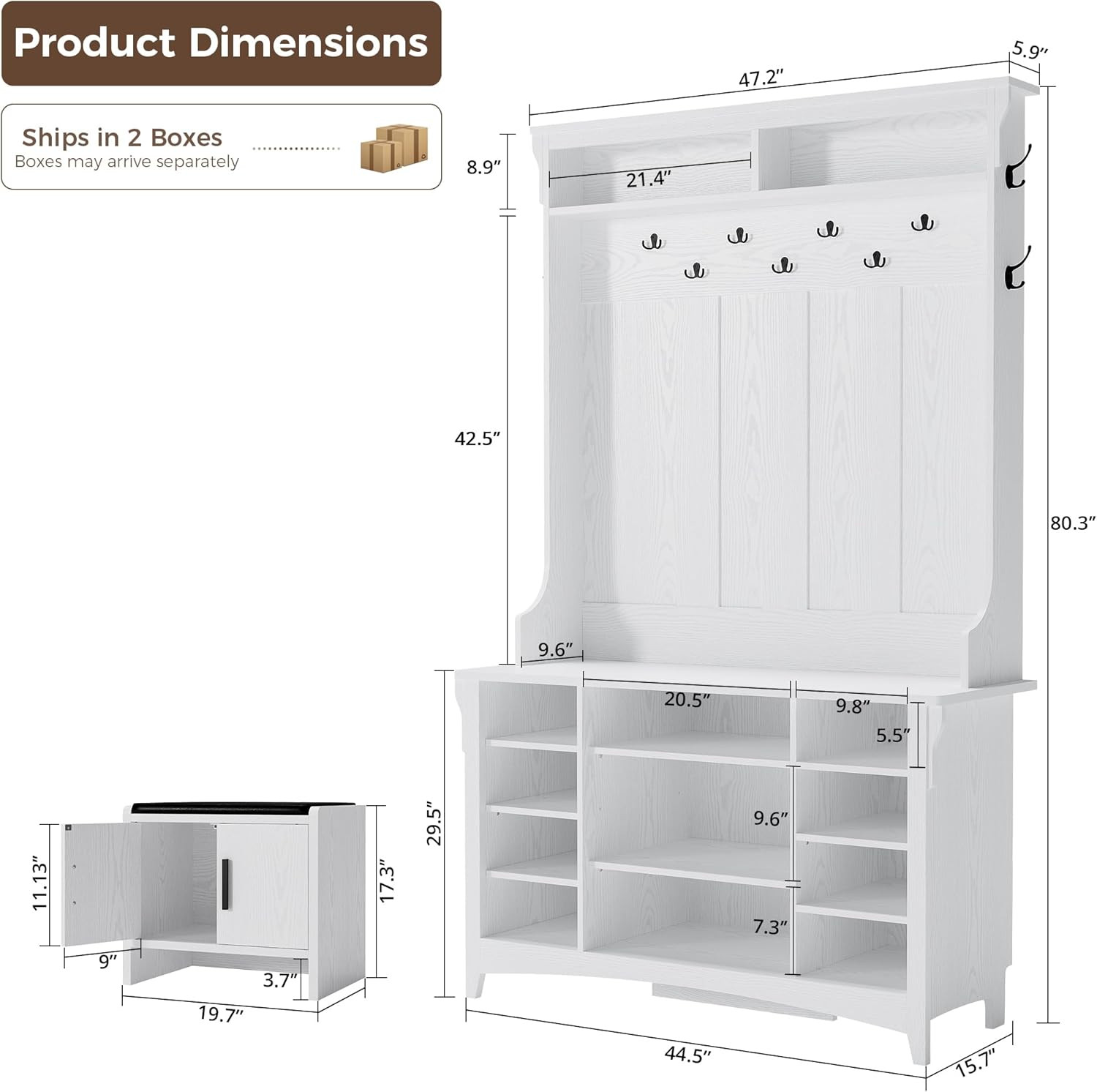 Hall Tree with Bench and Shoe Storage, 6-In-1 Entryway Bench with Coat Rack, Adj
