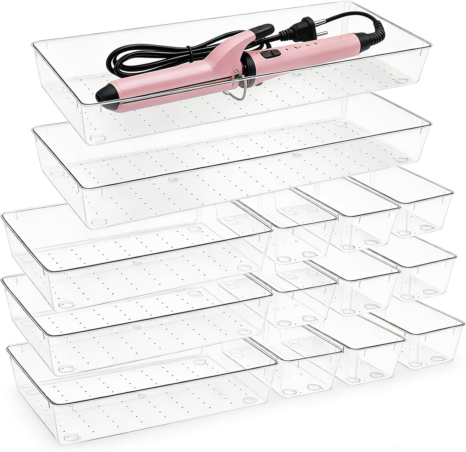 14 Pcs Clear Plastic Drawer Organizer Tray with 2 Pcs 15″x6″ Extra Large Trays,