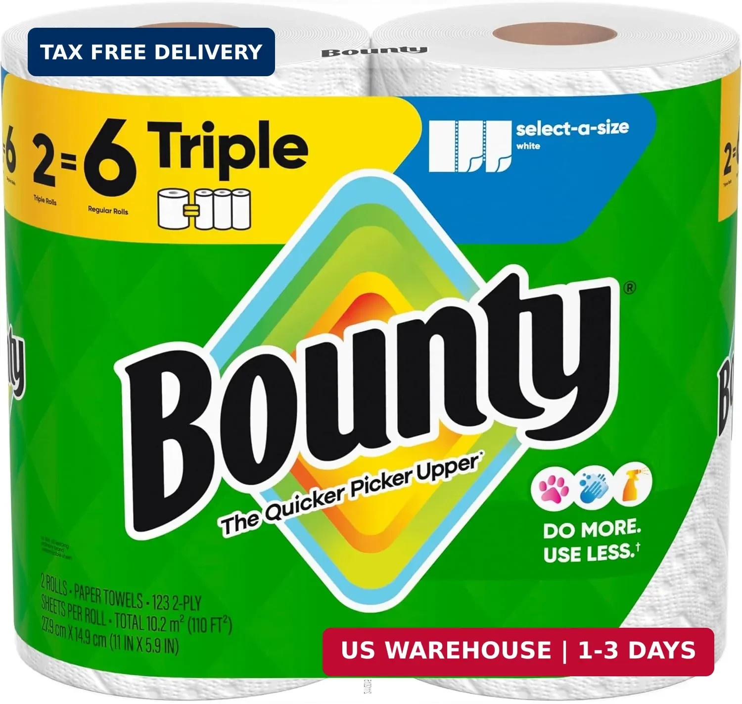 Bounty Select-A-Size Paper Towels, White, 2 Triple Rolls = 6 Regular Rolls