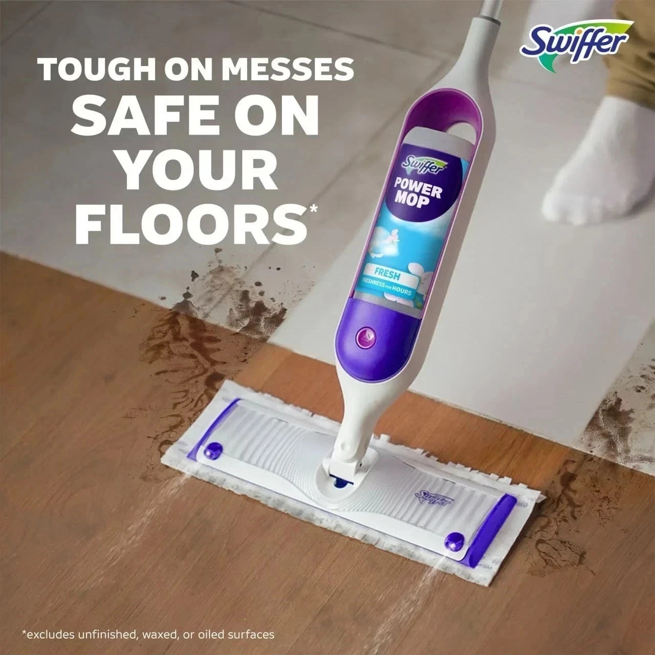 Swiffer Power Mop Kit with Refill, Unscented, 1 Handle + 1 solution & 2 Pads