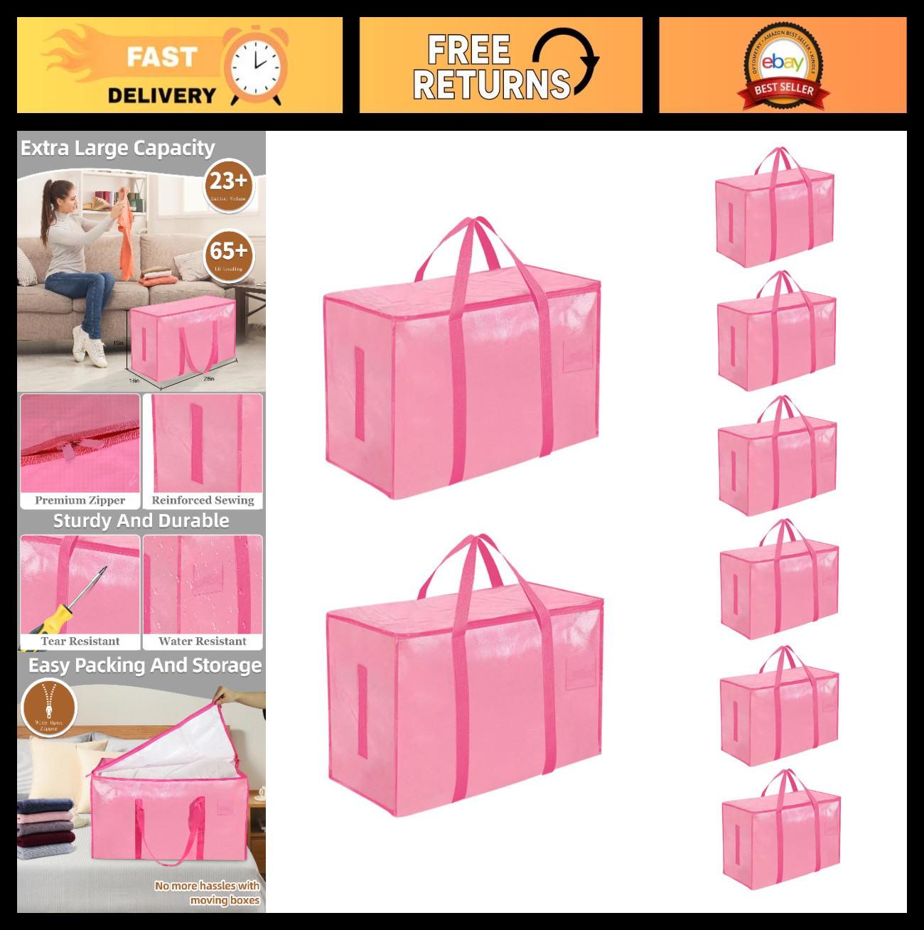 Extra Large Heavy Duty Moving Bags – 8 Pack Waterproof Storage Totes with Zipper