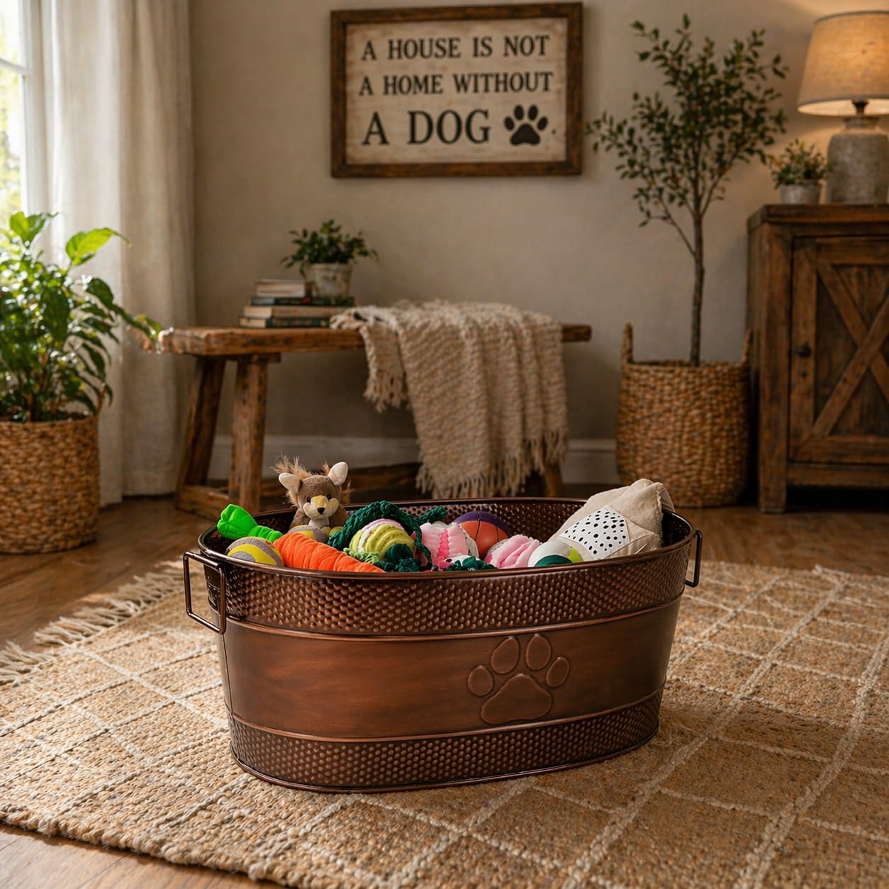 Copper Metal Dog Toy Storage Bin, Indestructible, Large