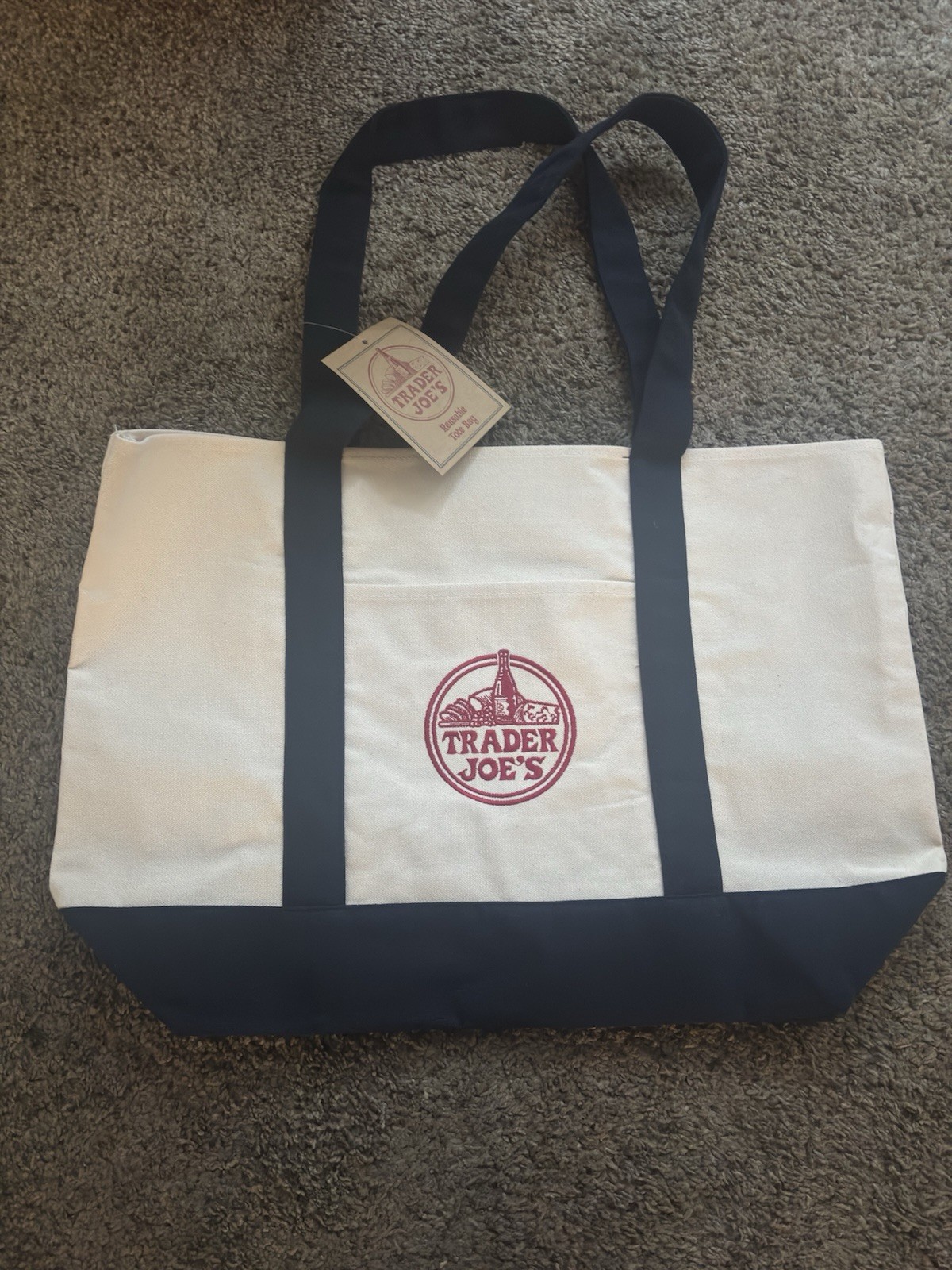 Trader Joe’s Foldable Reusable Shopping Bag Cotton Polyester White Navy Blue