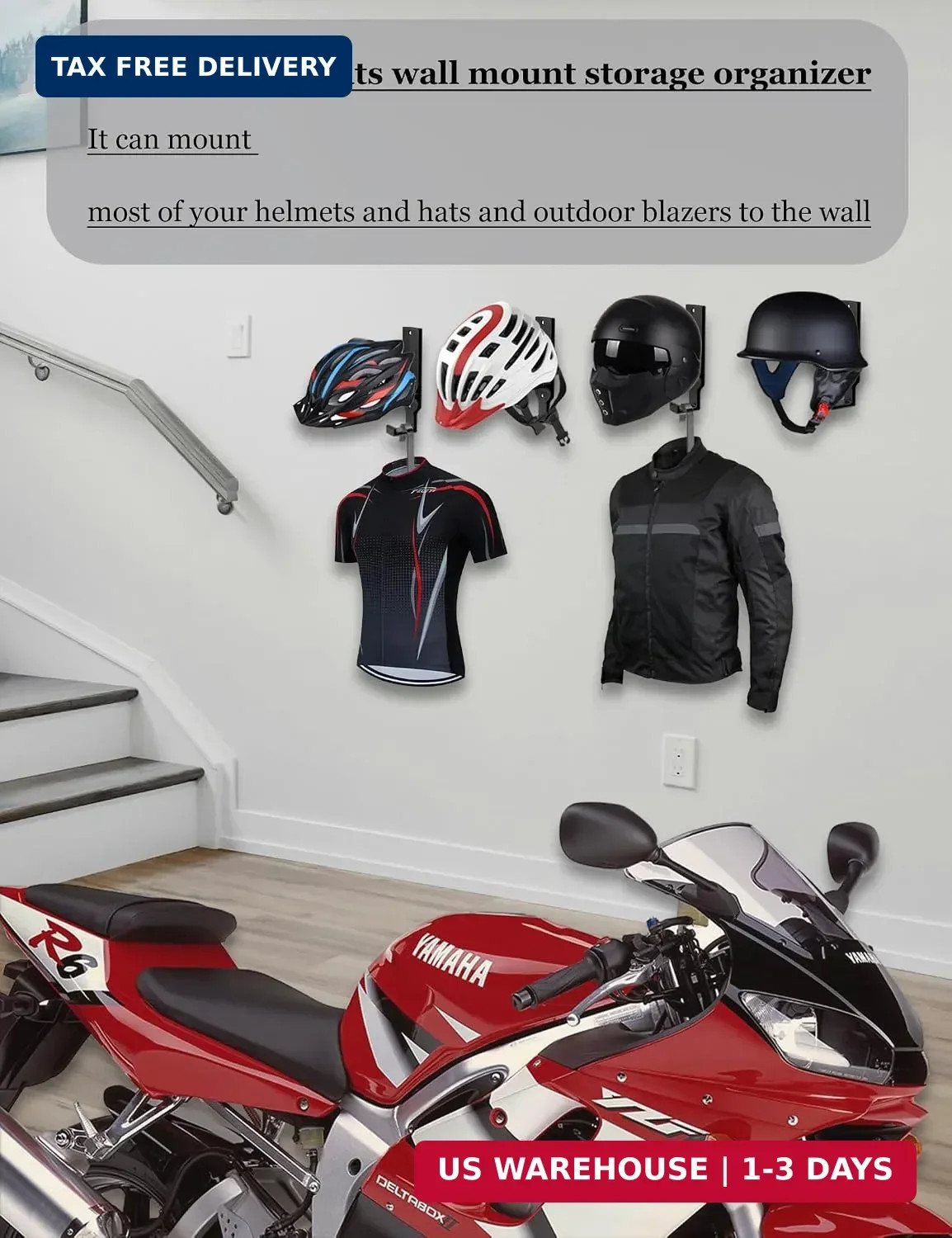 Universal Helmet Wall Mount Organizer, Black, 2 Pack | Helmet Rack for Display,