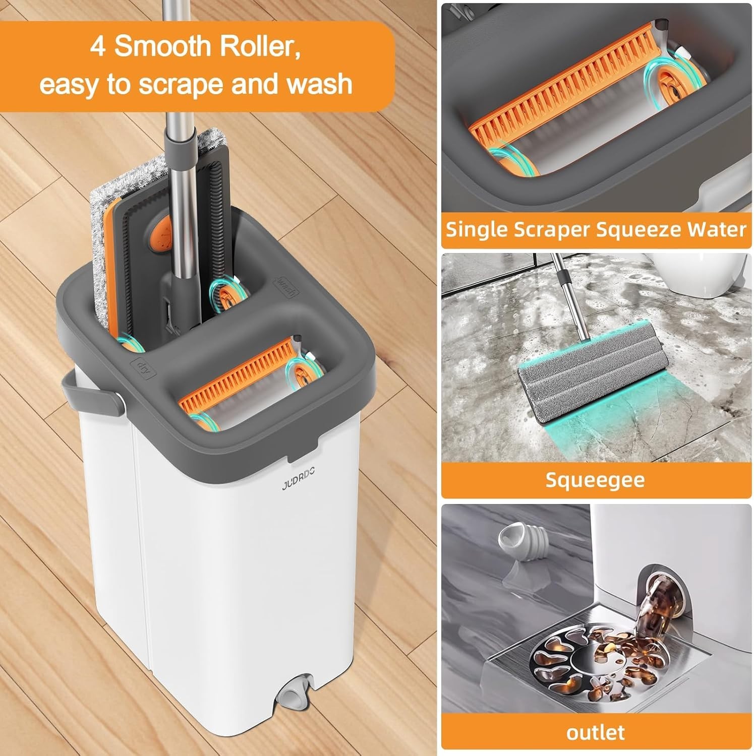 Flat Mop Bucket Set Wringer 61in Handle 4 Microfiber Pads 360 Spin Floor Cleaner