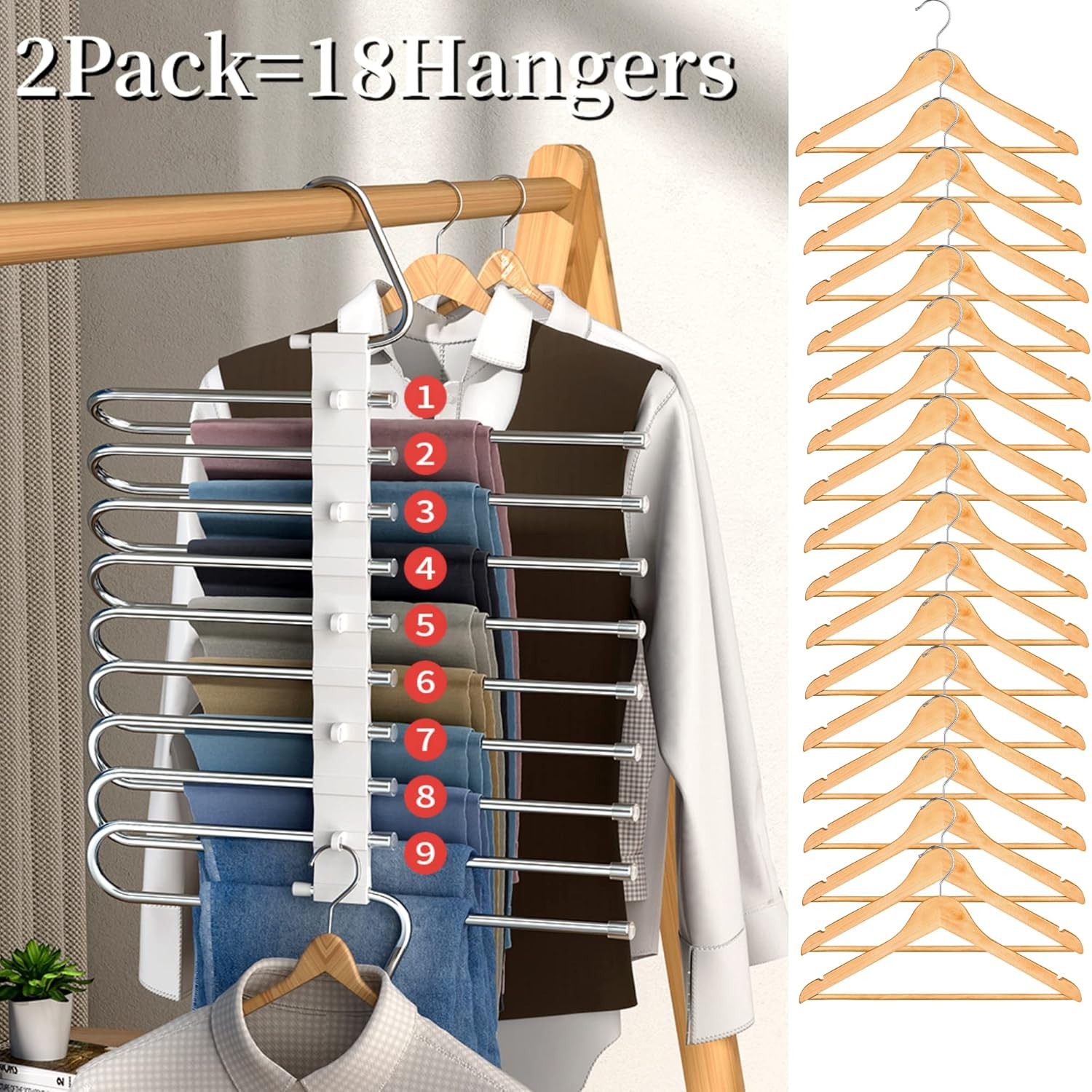9 Layers Pants Hangers Space Saving, 2 Pack Multifunctional Pant Rack Stainless