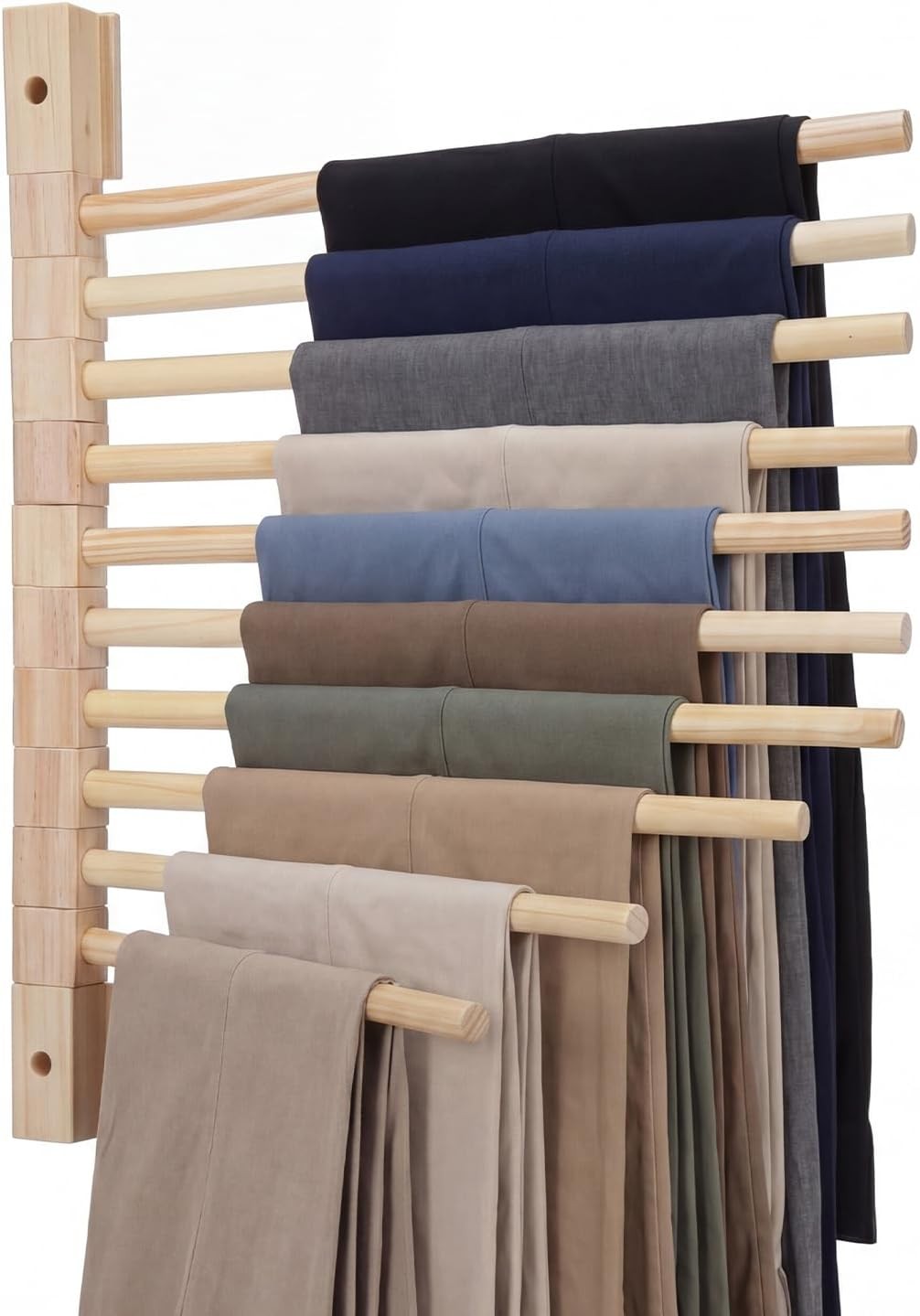 Wall Mounted Wooden Trouser Rack 10-Rod 13.8In Wooden Poles Hanging Organizer