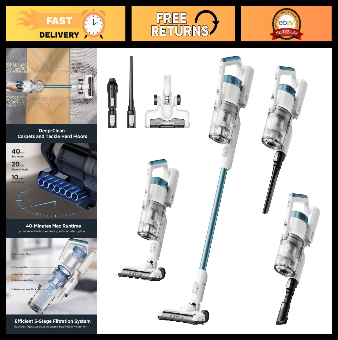 Lightweight Cordless Stick Vacuum Cleaner – 5.3 lbs, 40-Min Runtime, LED Lights,