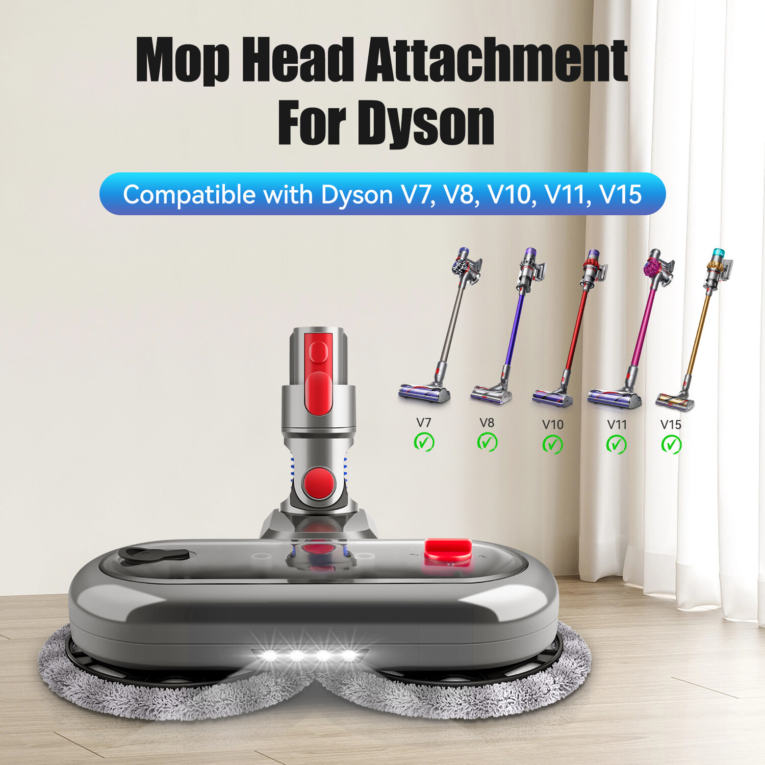 Electric Mop Head for Dyson V7 V8 V10 V11 V15 Vacuum Cleaner with LED Lights