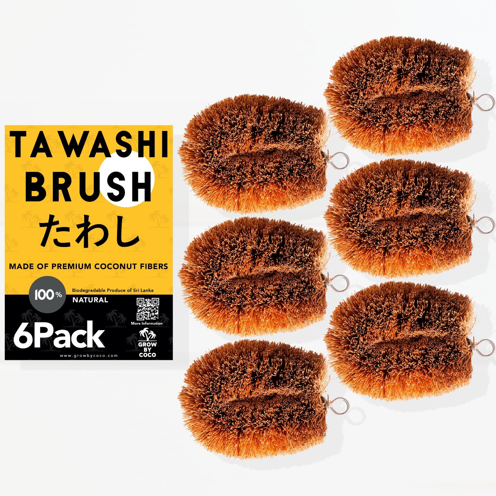 Pack of 6 Tawashi 100% Natural Coconut Coir Fiber Brush Vegetable Scrub Brush