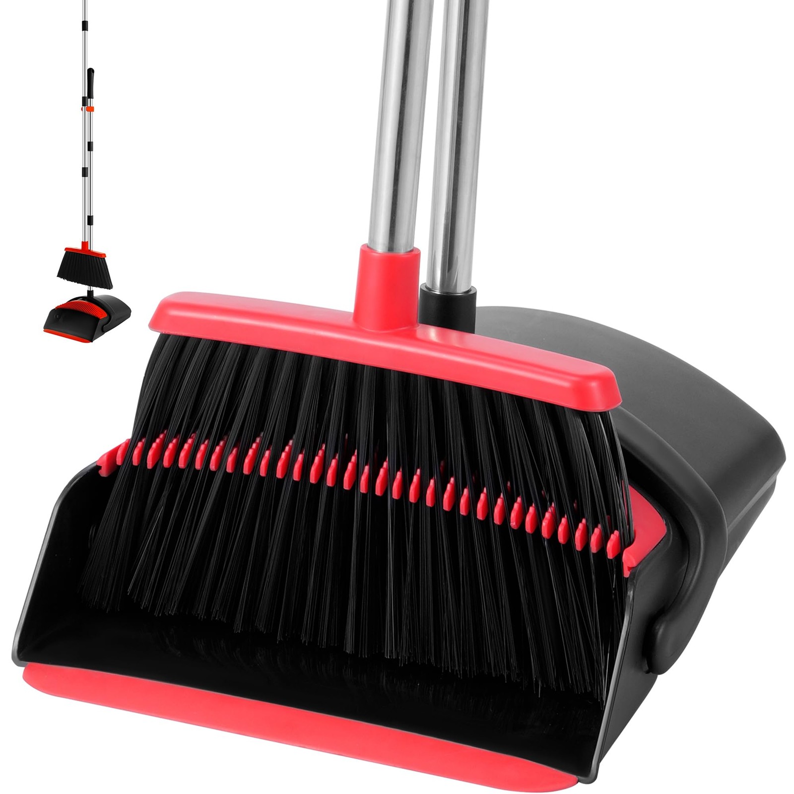 Long Handle Broom & Dustpan Set, Self-Cleaning Teeth, Heavy Duty Indoor/Outdoor