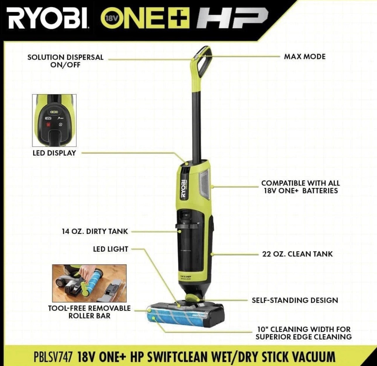 RYOBI ONE+ HP 18V Cordless SWIFTClean Wet/Dry Stick Mop and Vacuum (Tool Only)