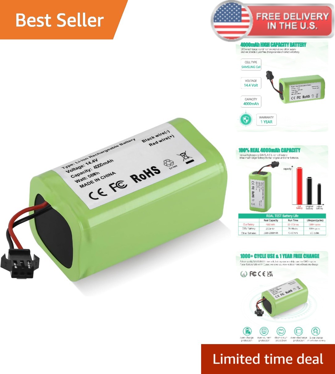 High Capacity 4000mAh Replacement Battery – 14.4V for Robot Vacuums