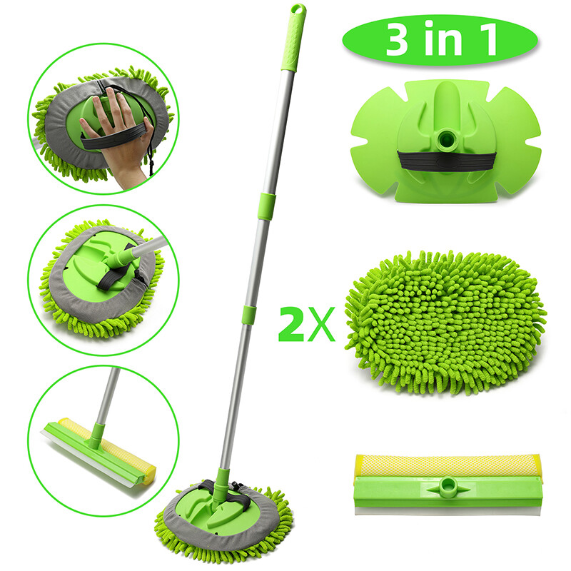 3 in 1 Chenille Microfiber Car Wash Brush Mop Mitt with 45″ Aluminum Alloy Long