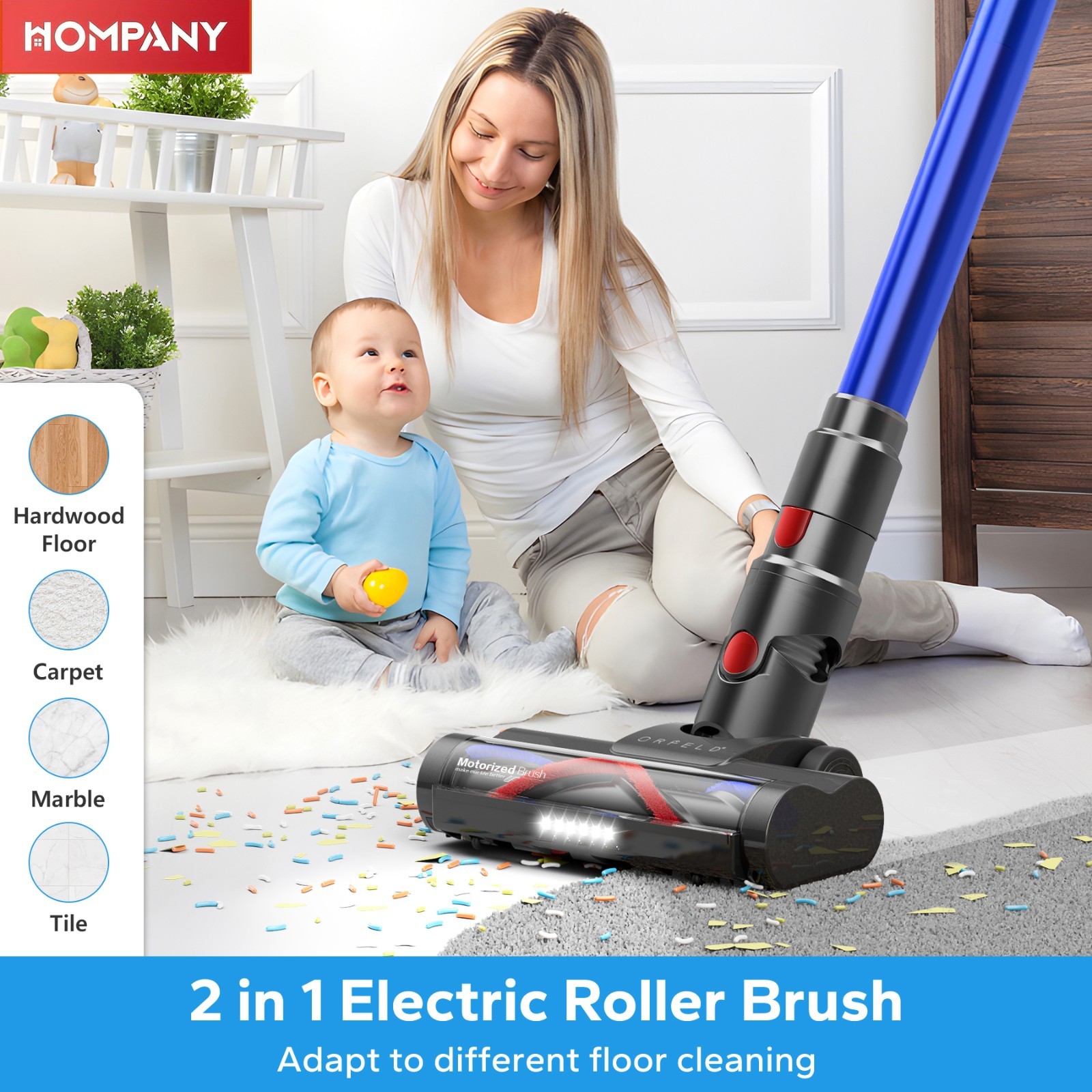 Cordless Vacuum Cleaner 55KPA Stick for Pet Hair Hardwood Wooden Floor Carpet