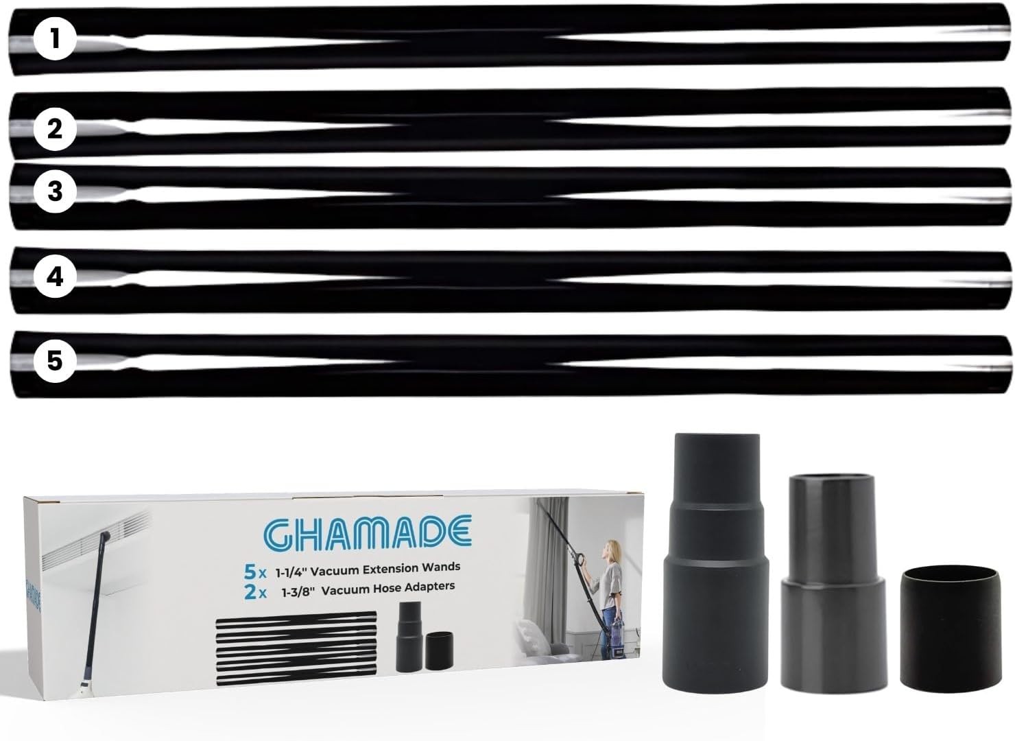 5Pack 1.25 Inch Vacuum Extension Wands plus 1-3/8” to 1-1/4” Vacuum Hose