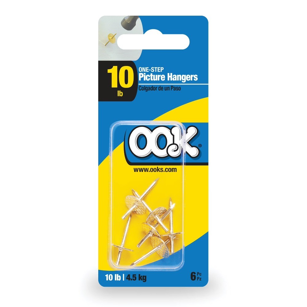 (3 pack)One-Step Picture Hanger, Push Pin, 10 lbs, Steel, Brass, Gold, 6 pack