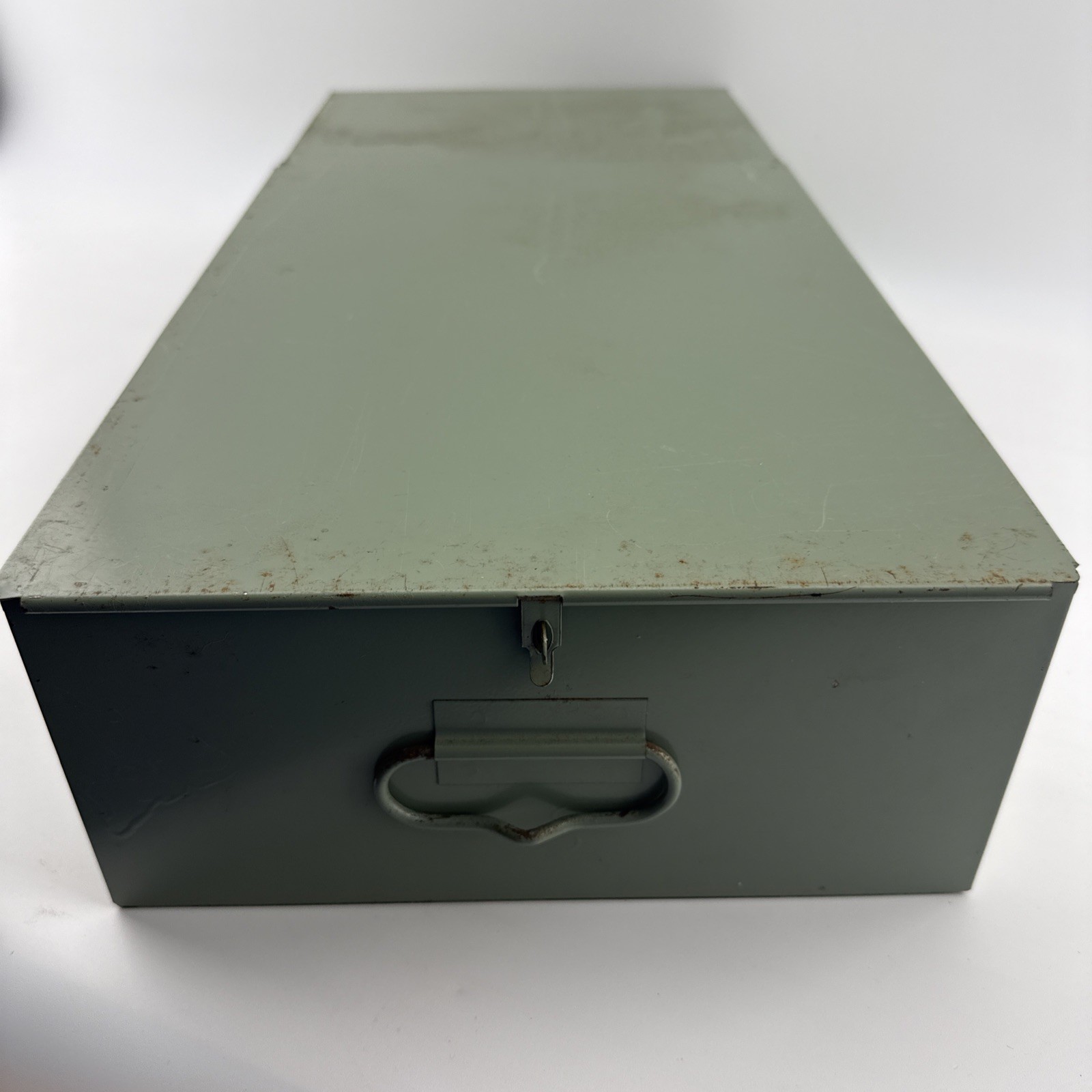 Vintage X-10 Light Green Metal Storage Box 21.5x10x5 Slide Lid