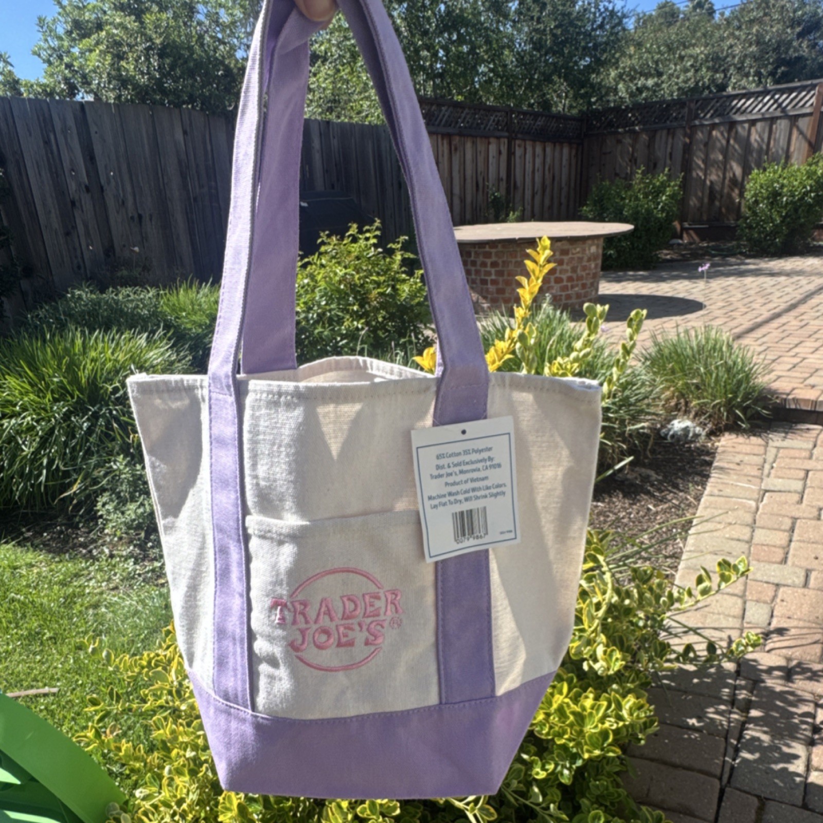 Trader Joe’s Foldable Reusable Shopping Bag Purple Beige Cotton Polyester