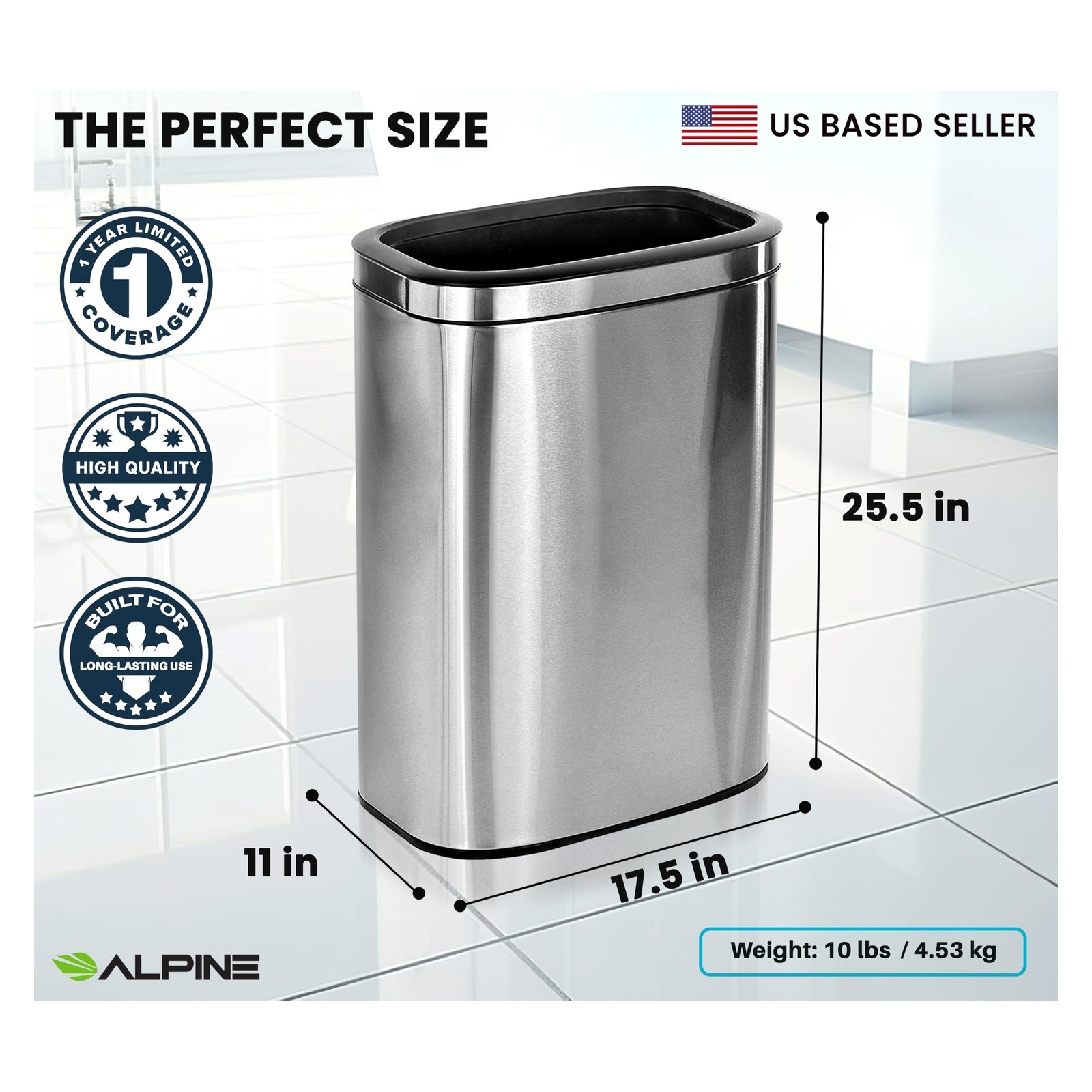 Alpine Stainless Steel Open Top Trash Can 10.5 Gallon 40L Silver 470 10.5 Gallon