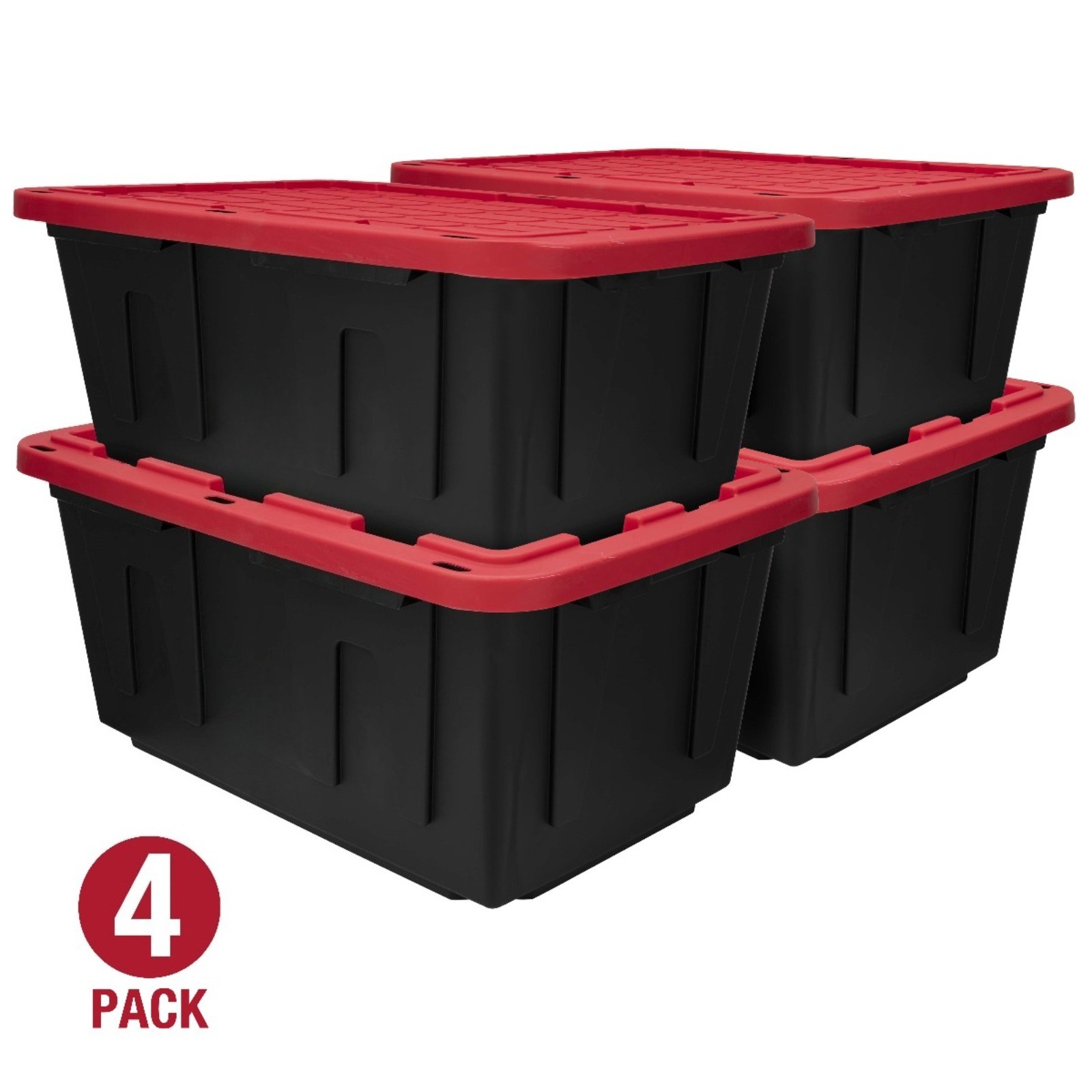 27 Gallon Heavy Duty Plastic Storage Bin with Lid, Black and Red, Pack of 4