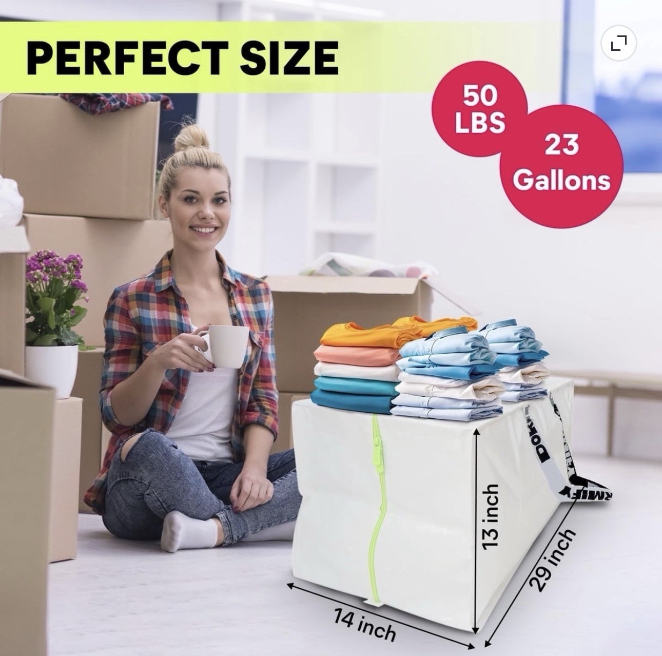 Dormify set of 20 Waterproof Zippered Collapsible Bag, White, 23 gal 29x14x13″