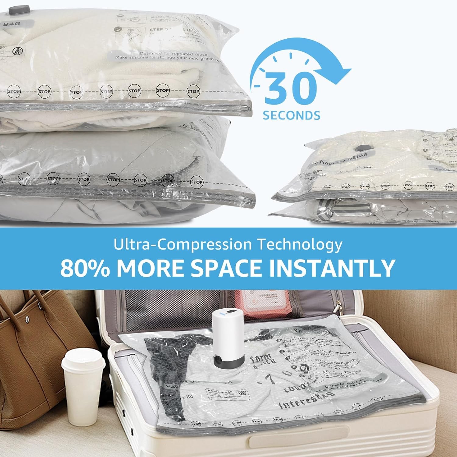 15 Pack Vacuum Bags with Pump 3 Sizes for Travel Clothing Compression Luggage