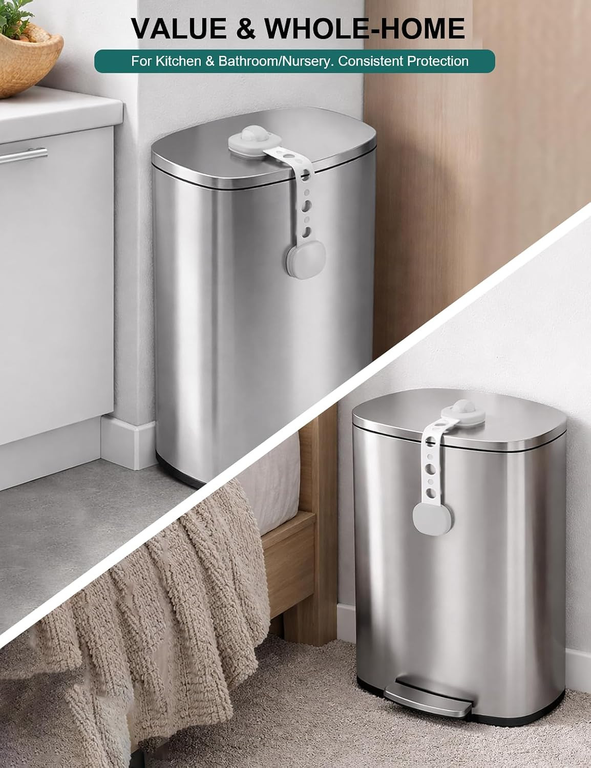 Gray Trash Can Lock Strap 2 Pack – Dual Button Child Proof Garbage Can Lid Lock