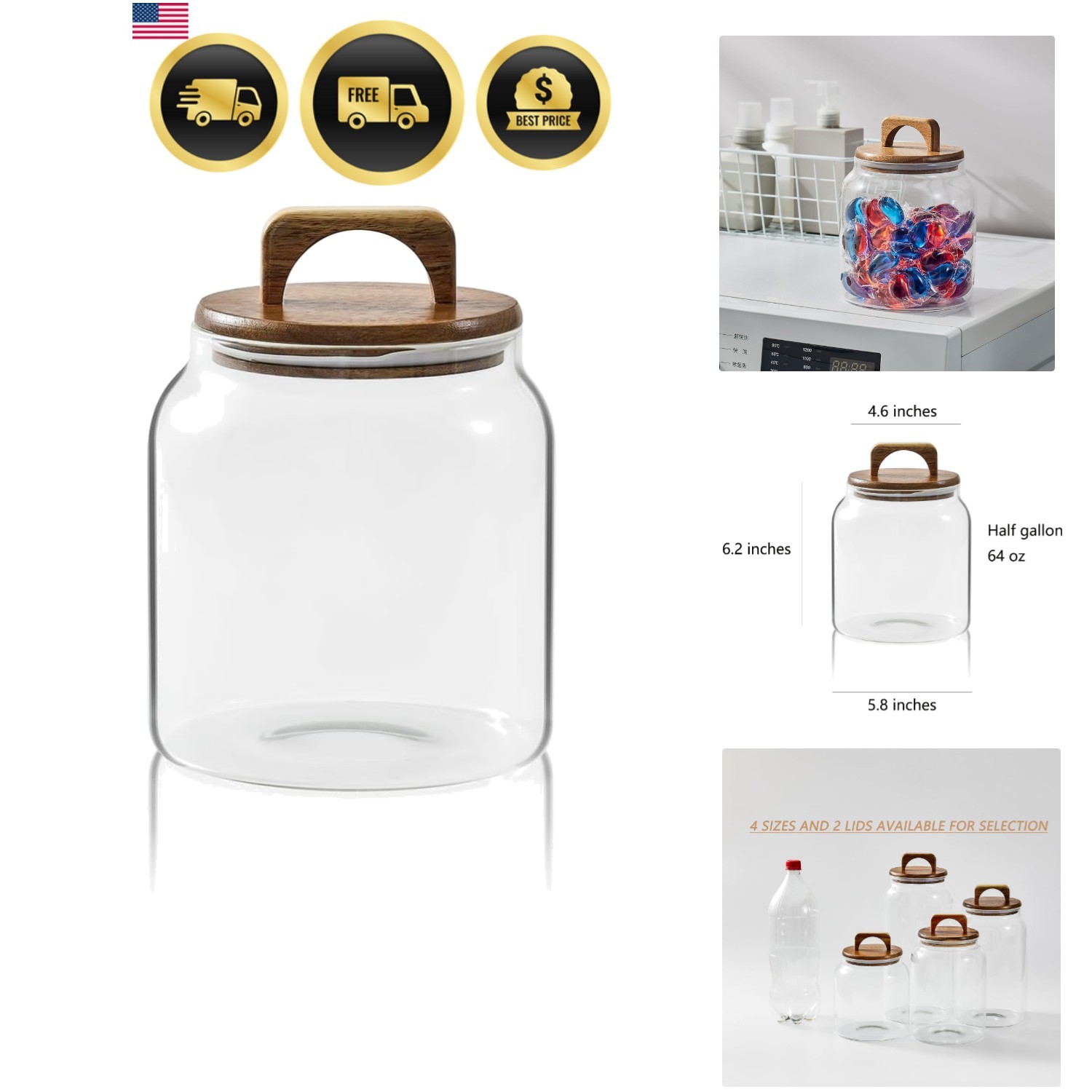 Glass Jars for Laundry Room Organization, Half-Gallon Laundry Pods Container,…