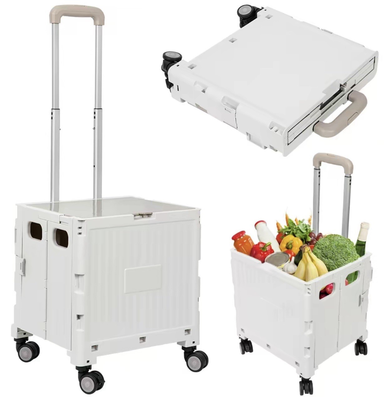 Folding Rolling Cart with Lid,Collapsible Trolley for Shopping and Office(pink)
