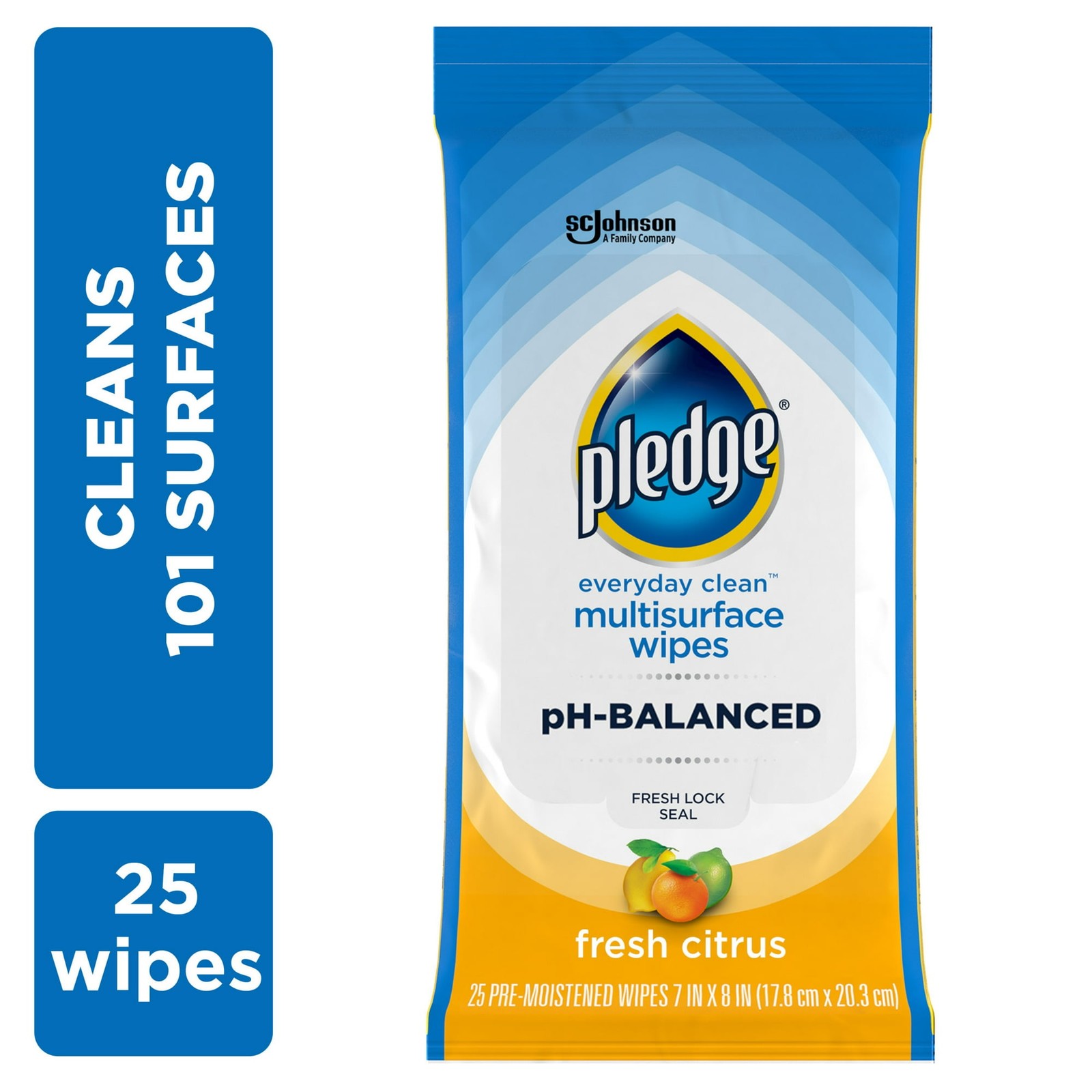 Pledge Multi Surface Wipes, Fresh Citrus, 25 Count