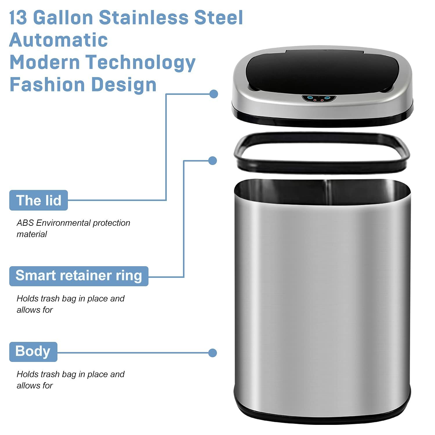 13 Gal Kitchen Bin Automatic Sensor Office Trash Can Stainless Touch Free w/ Lid