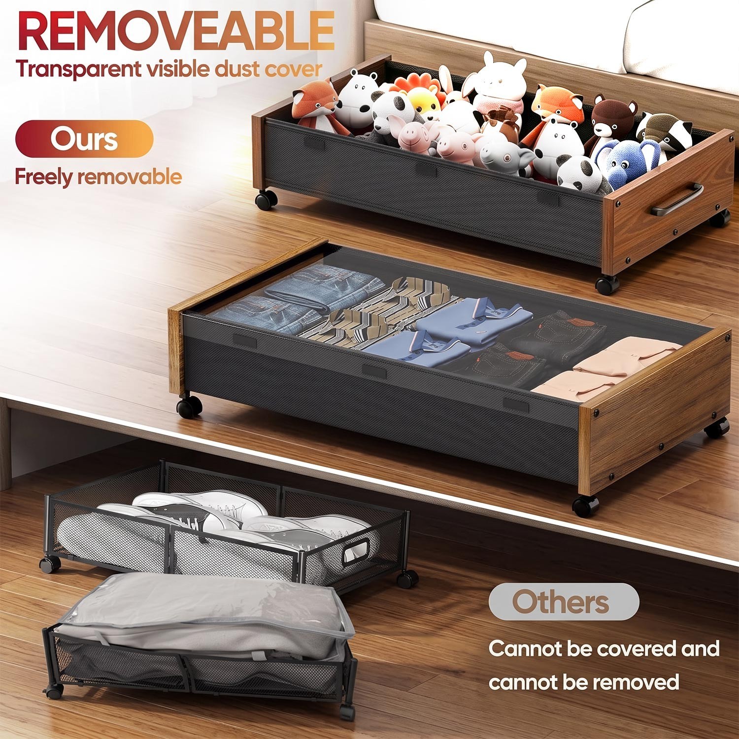 25.6in Under Bed Storage with Wheels 2 Pack Rolling Organizer Bags Clothes Shoes