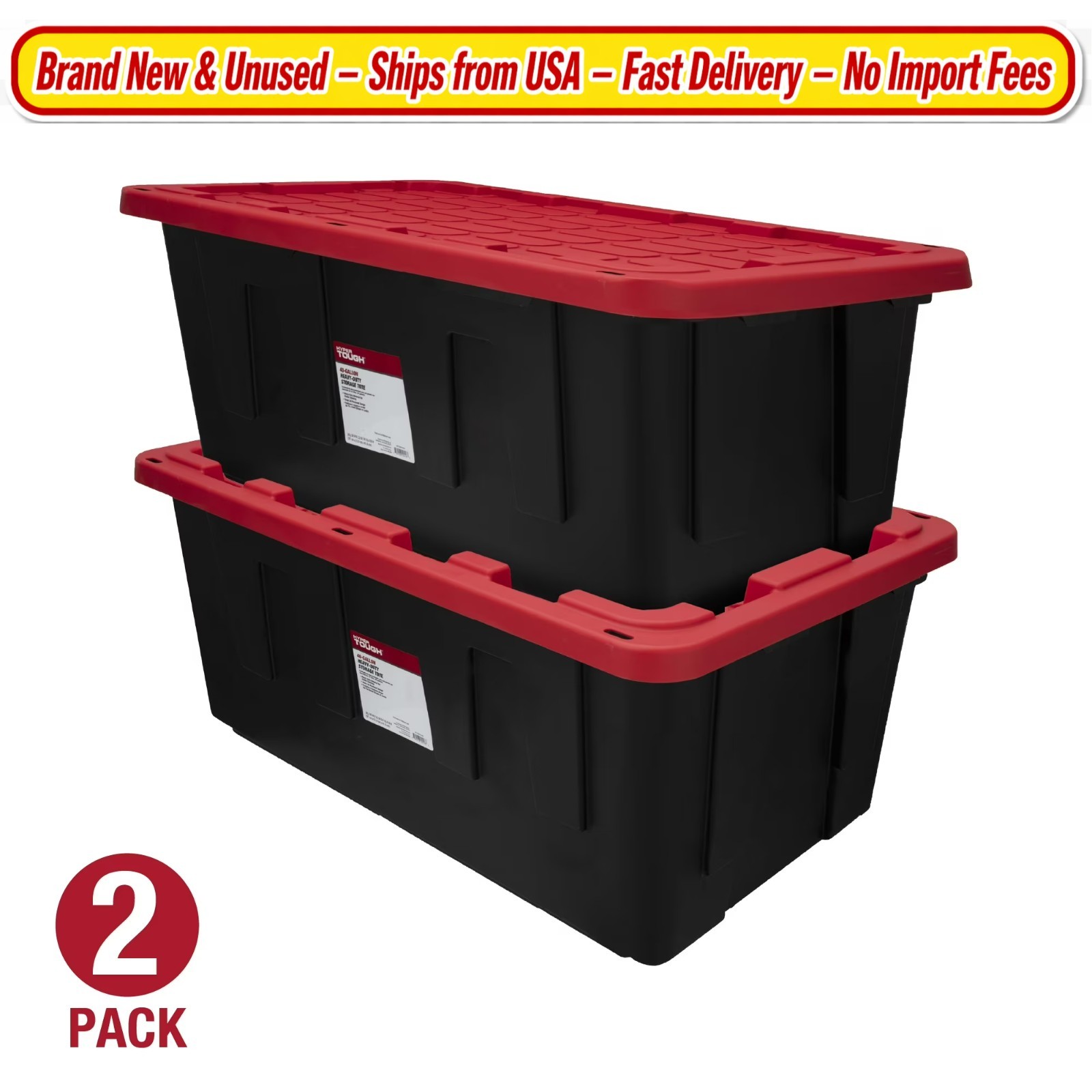 Hyper Tough 40 Gallon Storage Bins Heavy Duty Snap Lid Black Red Tote Pack of 2