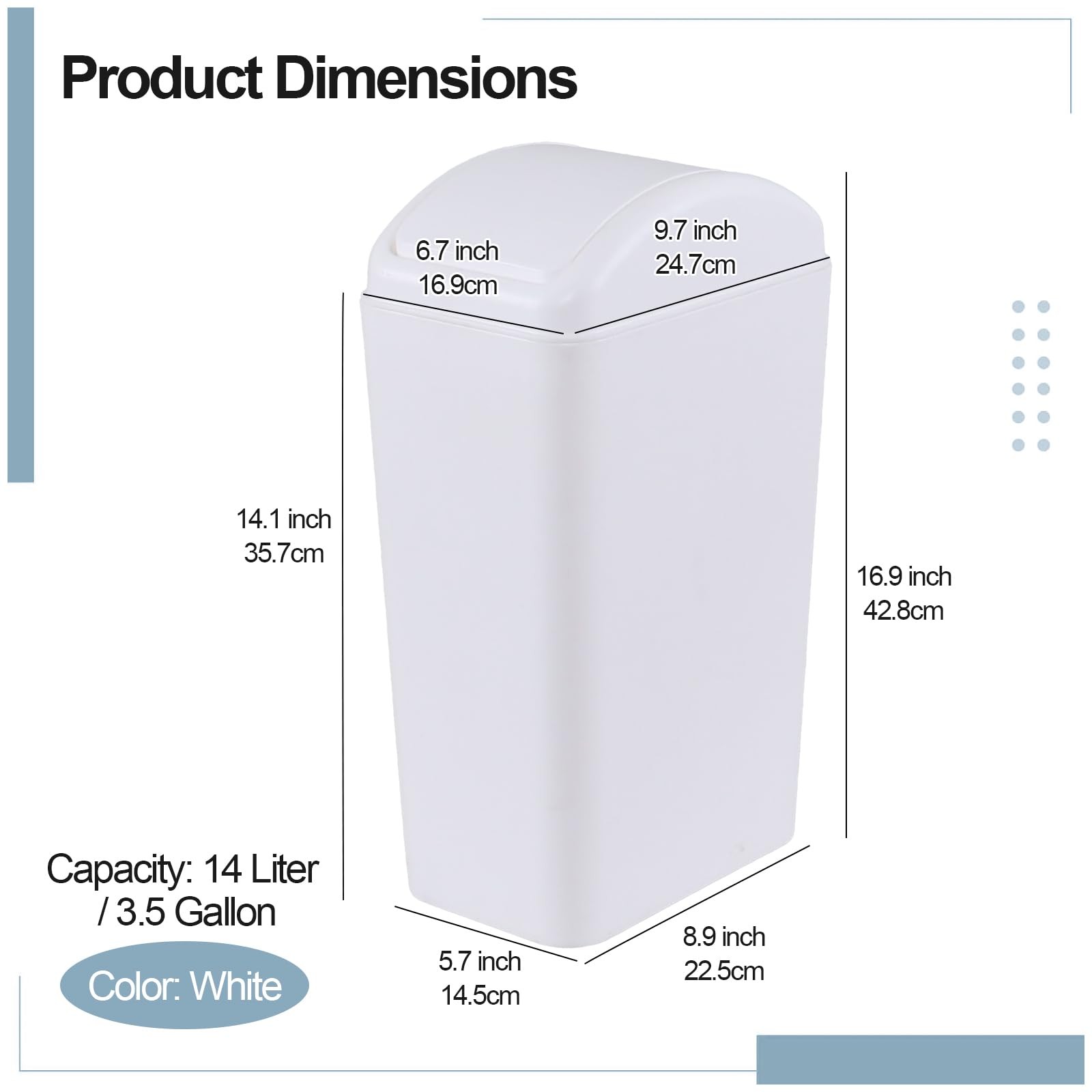 12 L 3.5 Gallon Plastic Swing Lid Trash Can Rectangular Slim Garbage White