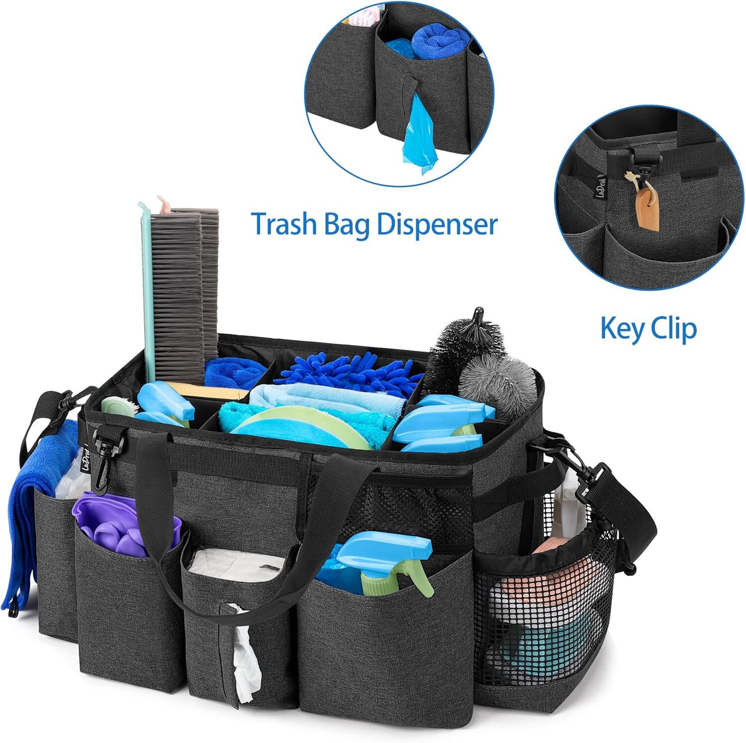 Large Wearable Cleaning Caddy Bag with 4 Foldable Dividers, Cleaning Supply Tote