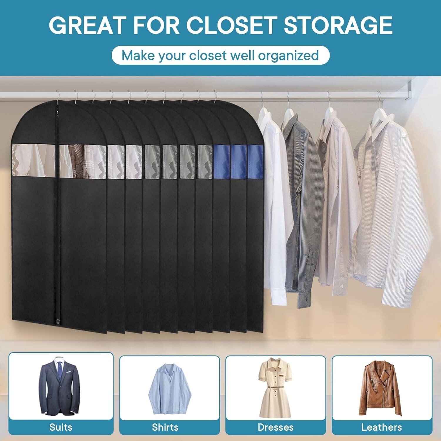 5 Pack 43″ Black Garment Bag Mens Suit Bags for Closet Storage and Travel