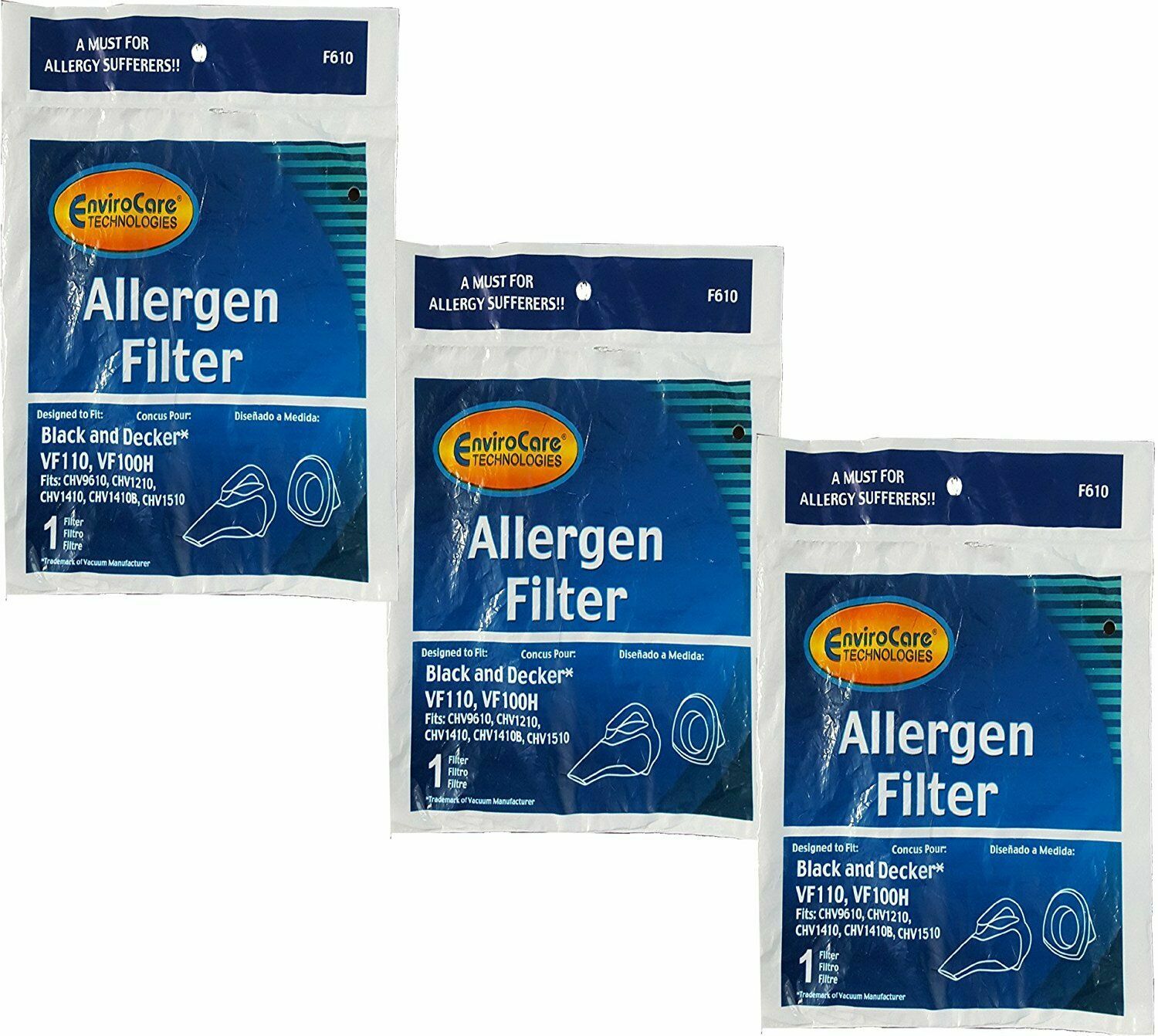 Filter Fits For Black & Decker CHV1410L, Chv9610, Chv1210, Chv1410 3 pk