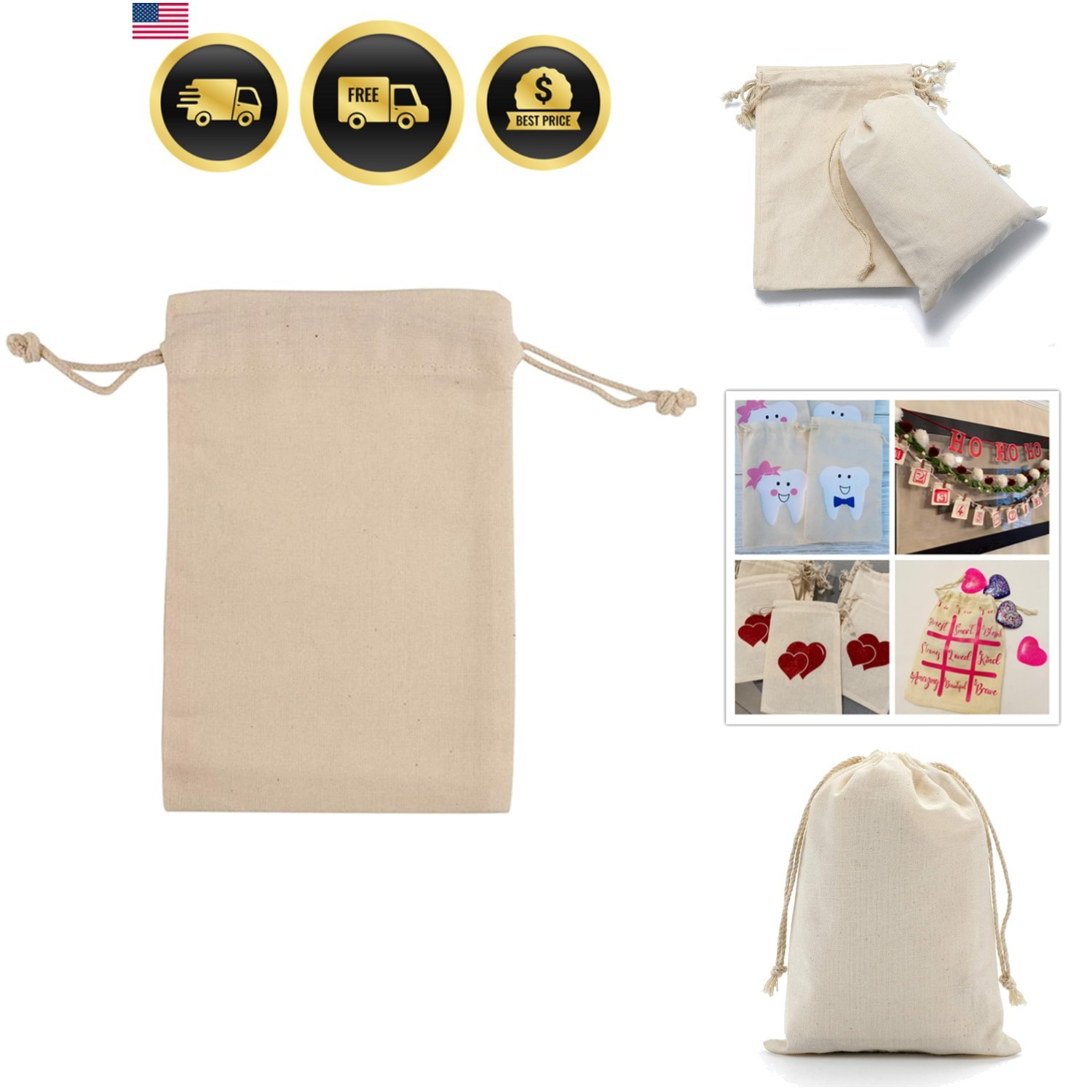 50PS Cotton Bags Cotton Muslin Bags Drawstring Muslin Bag for Wedding Party F…