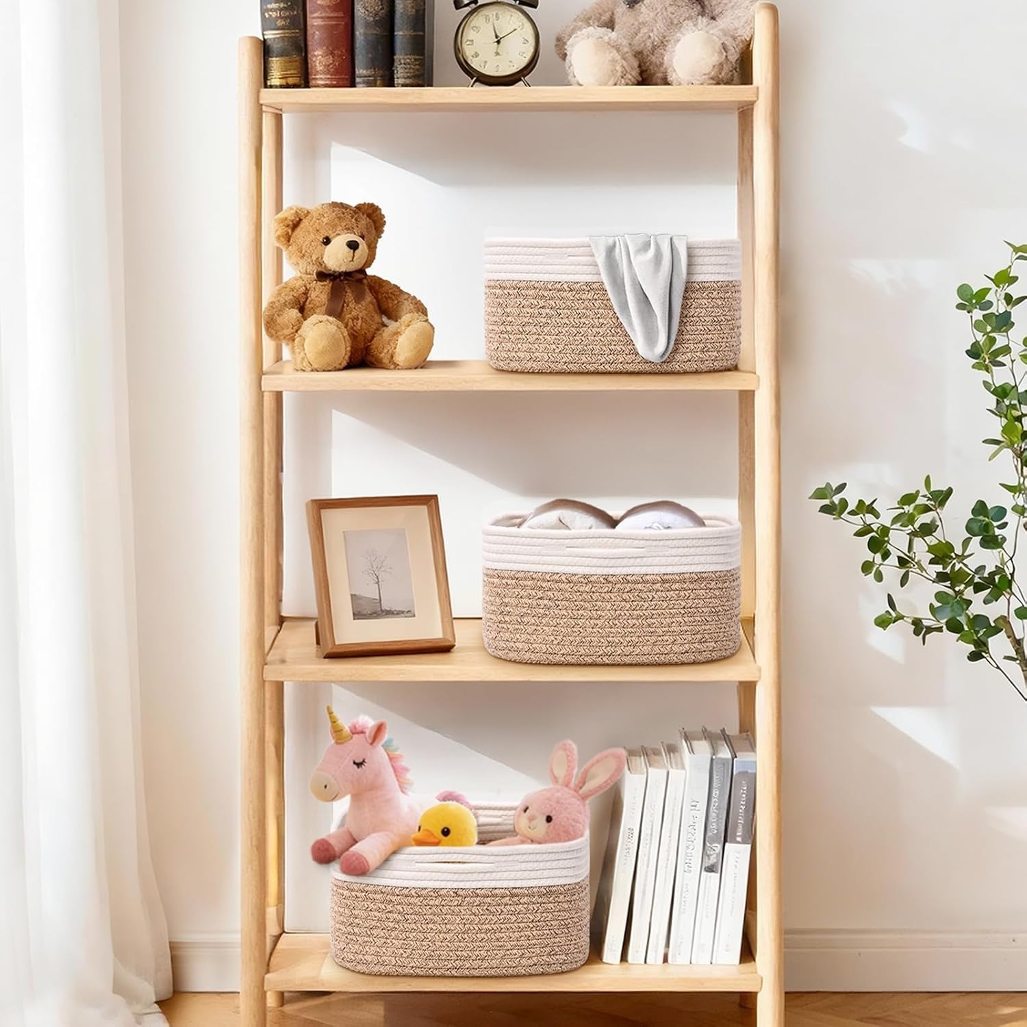 Storage Baskets for Shelves, 2 Pack Shallow Basket – 10.5″ x 10.5″ x 5.5″, Rope