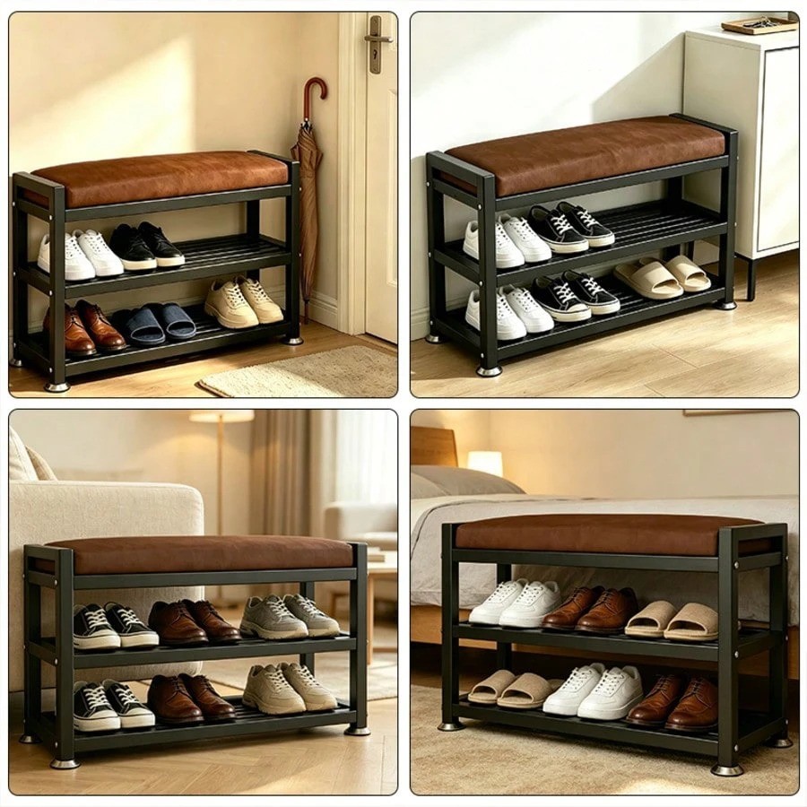 Entryway Shoe Bench 2-Tier Rack Padded Seat Brown 32in Storage Organizer