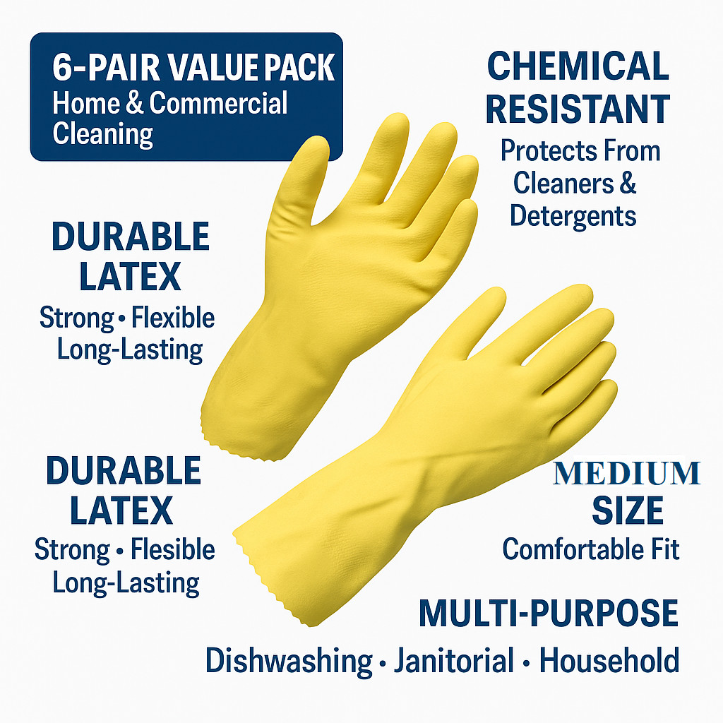 6 Pair Latex Lined Dish Washing Chemical Resistant Gloves – Medium
