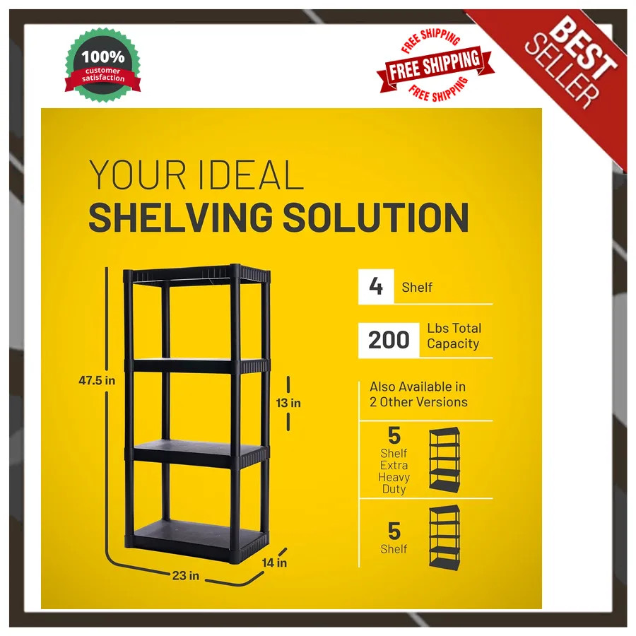 Plano 4-Tier Plastic Storage Shelving Unit 48in x 23in x 14in 200lb Capacity