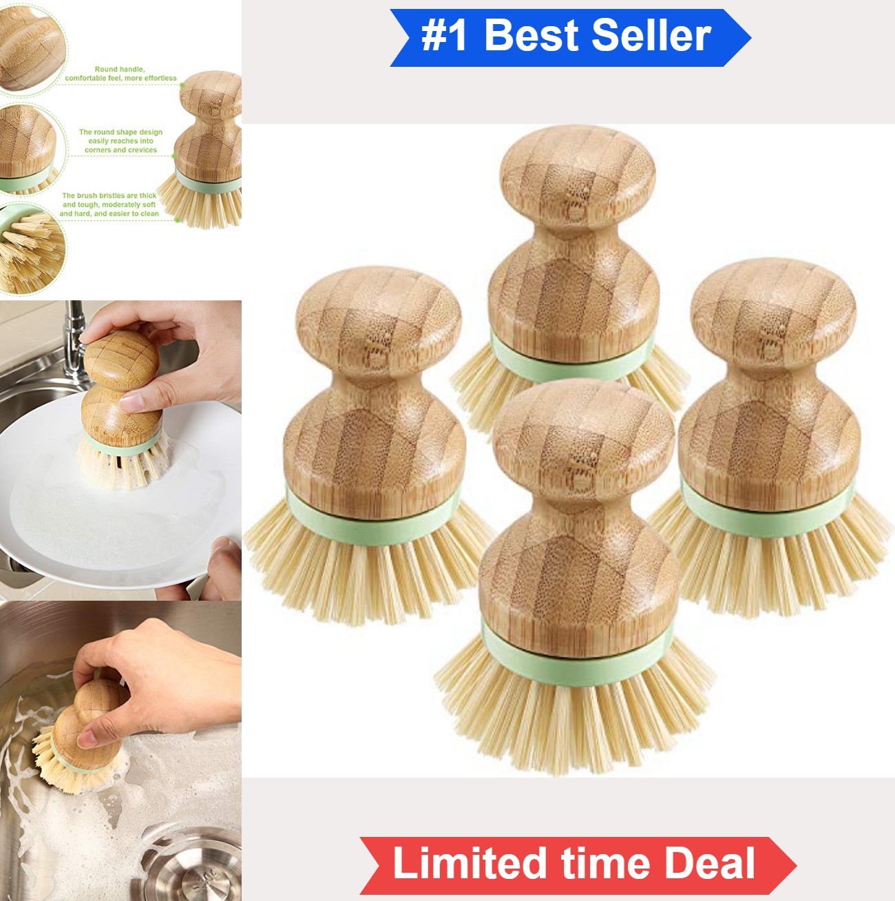 Bamboo Dish Scrub Brushes 4 Pack Natural Coconut Fiber Stiff Bristles Round Pot