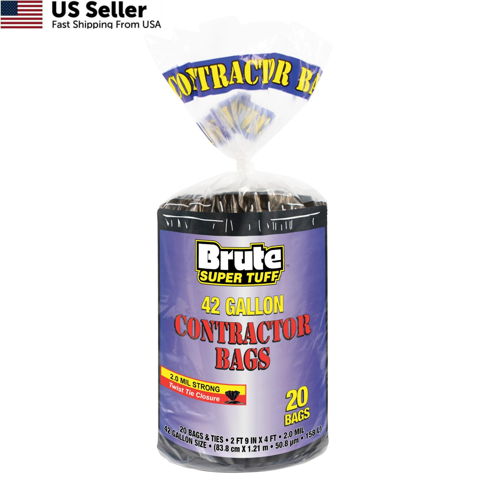 Brute Super Tuff 42 Gallon Contractor Bags, 2.0 20 Count (Pack of 1), Black