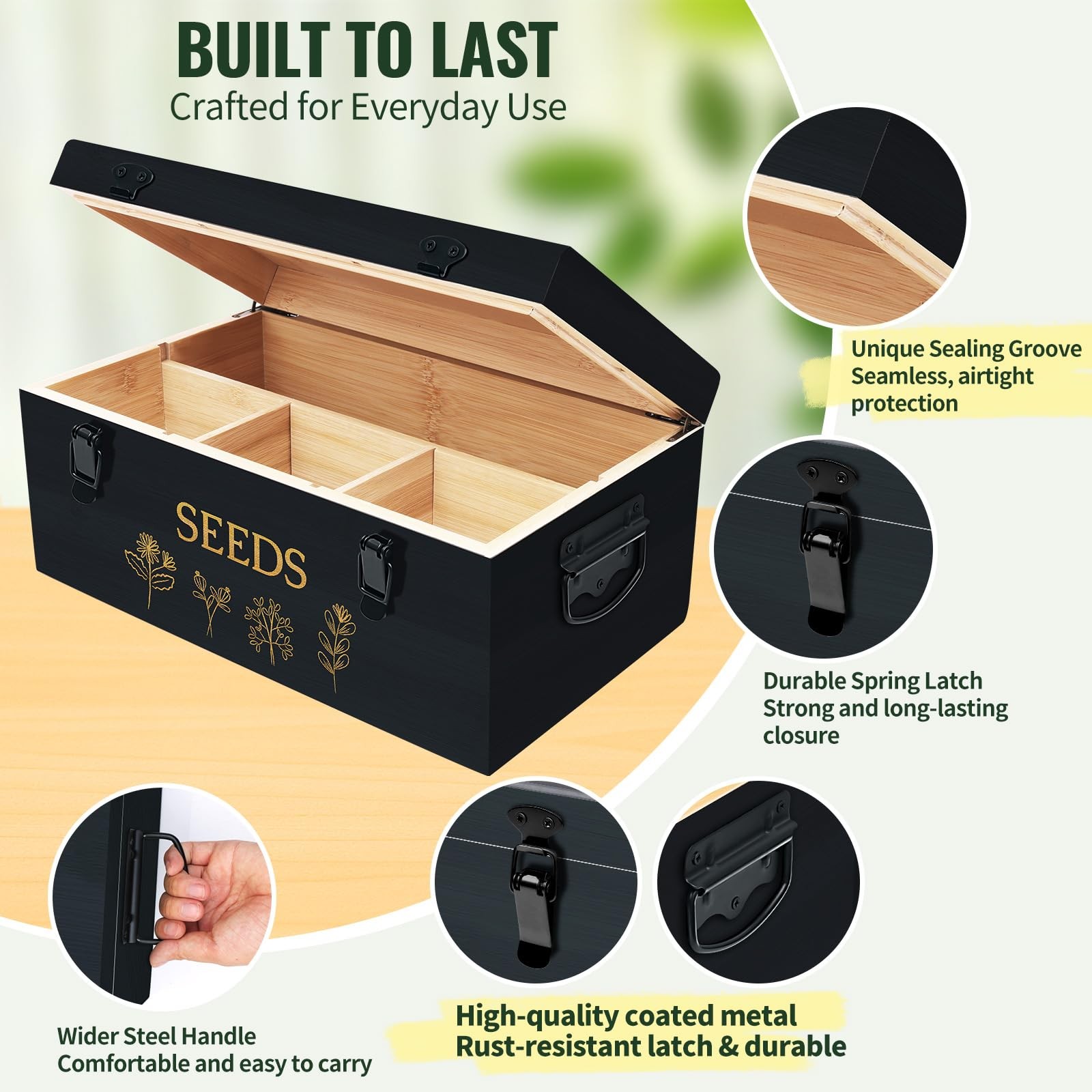 Large Bamboo Wood Seed Storage 13.2 x 7.8 x 5.9 inches, 3.Black(Large)